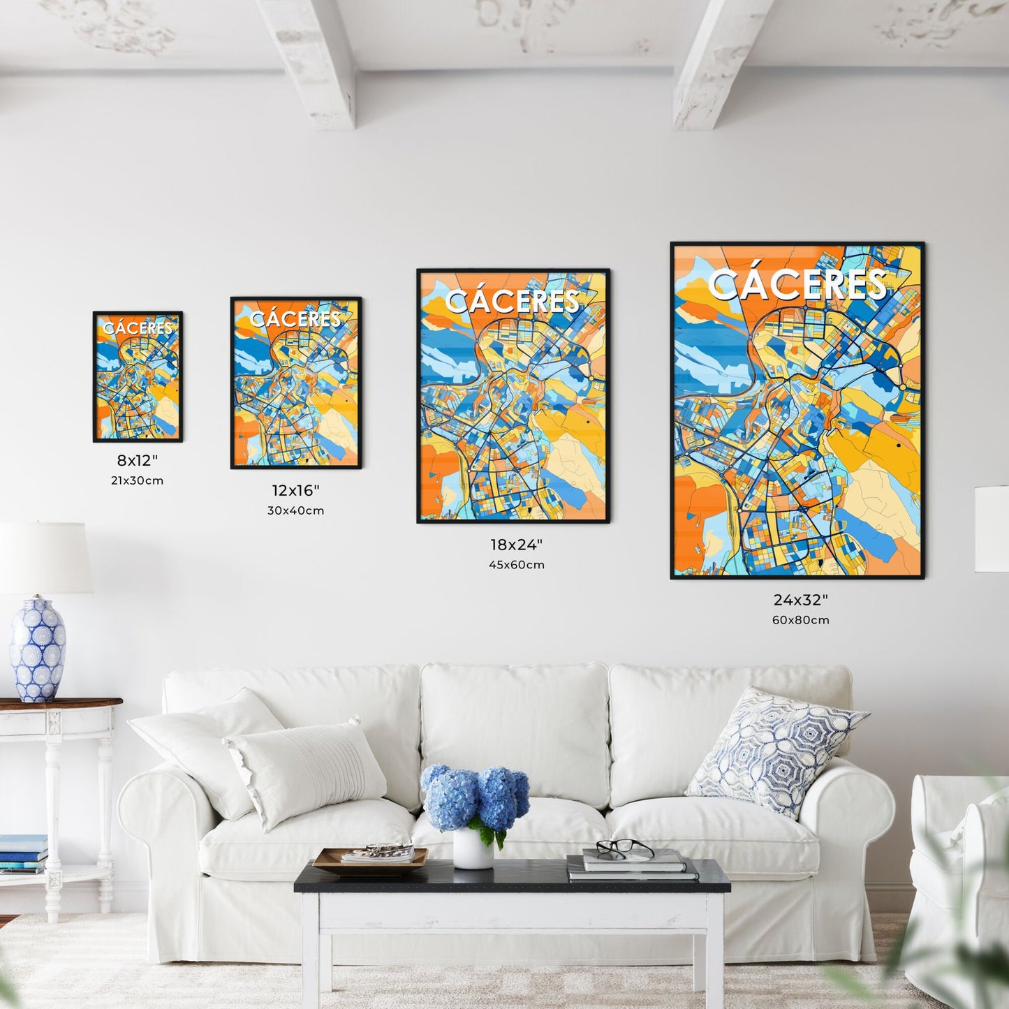 CÁCERES SPAIN Vibrant Colorful Art Map Poster Blue Orange