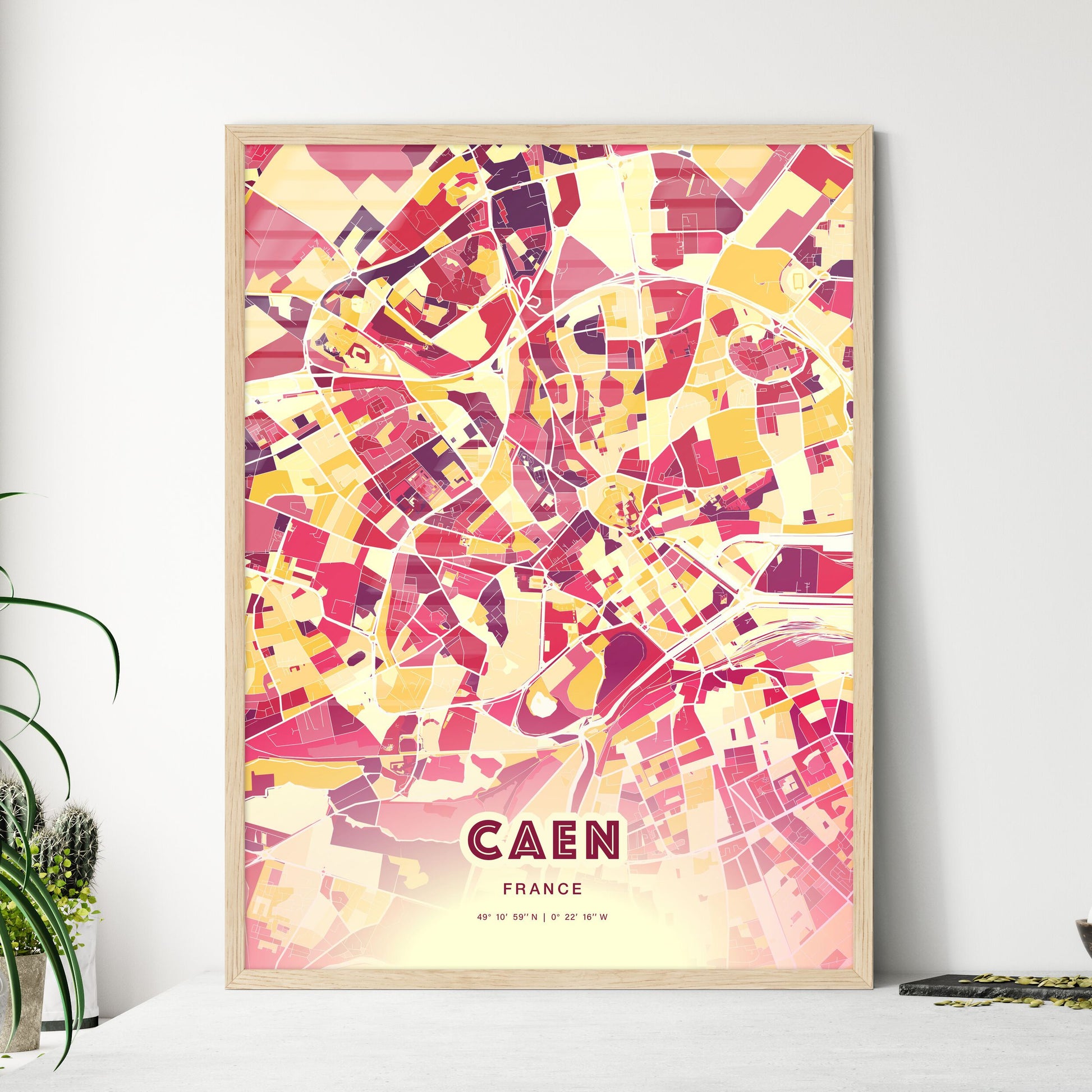 Colorful Caen France Fine Art Map Hot Red