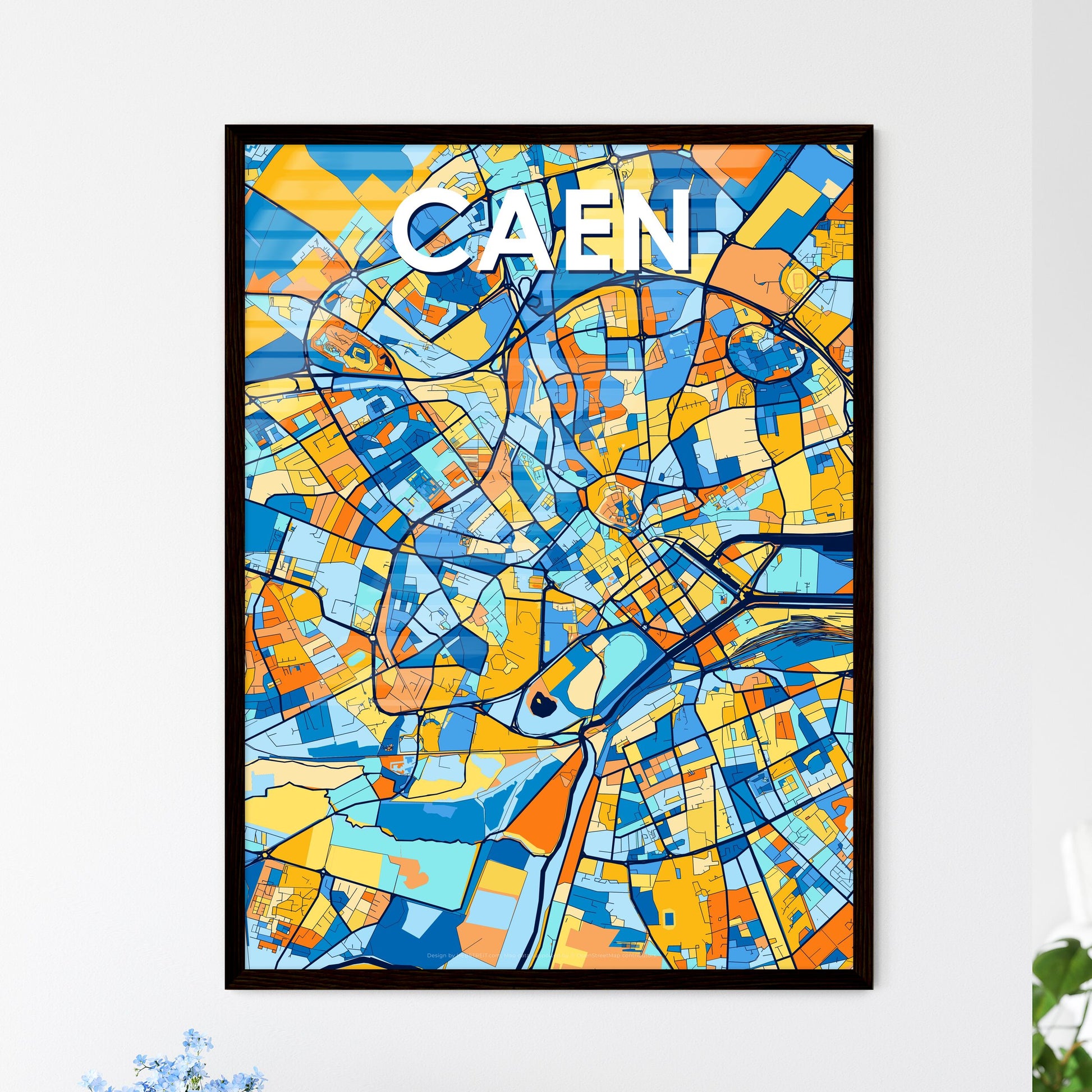 CAEN FRANCE Vibrant Colorful Art Map Poster Blue Orange