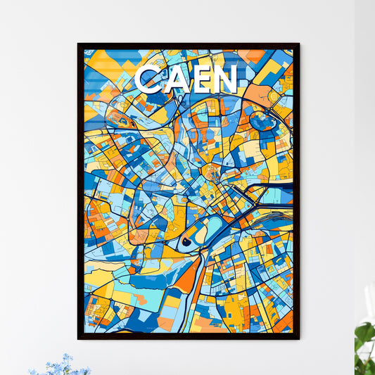 CAEN FRANCE Vibrant Colorful Art Map Poster Blue Orange