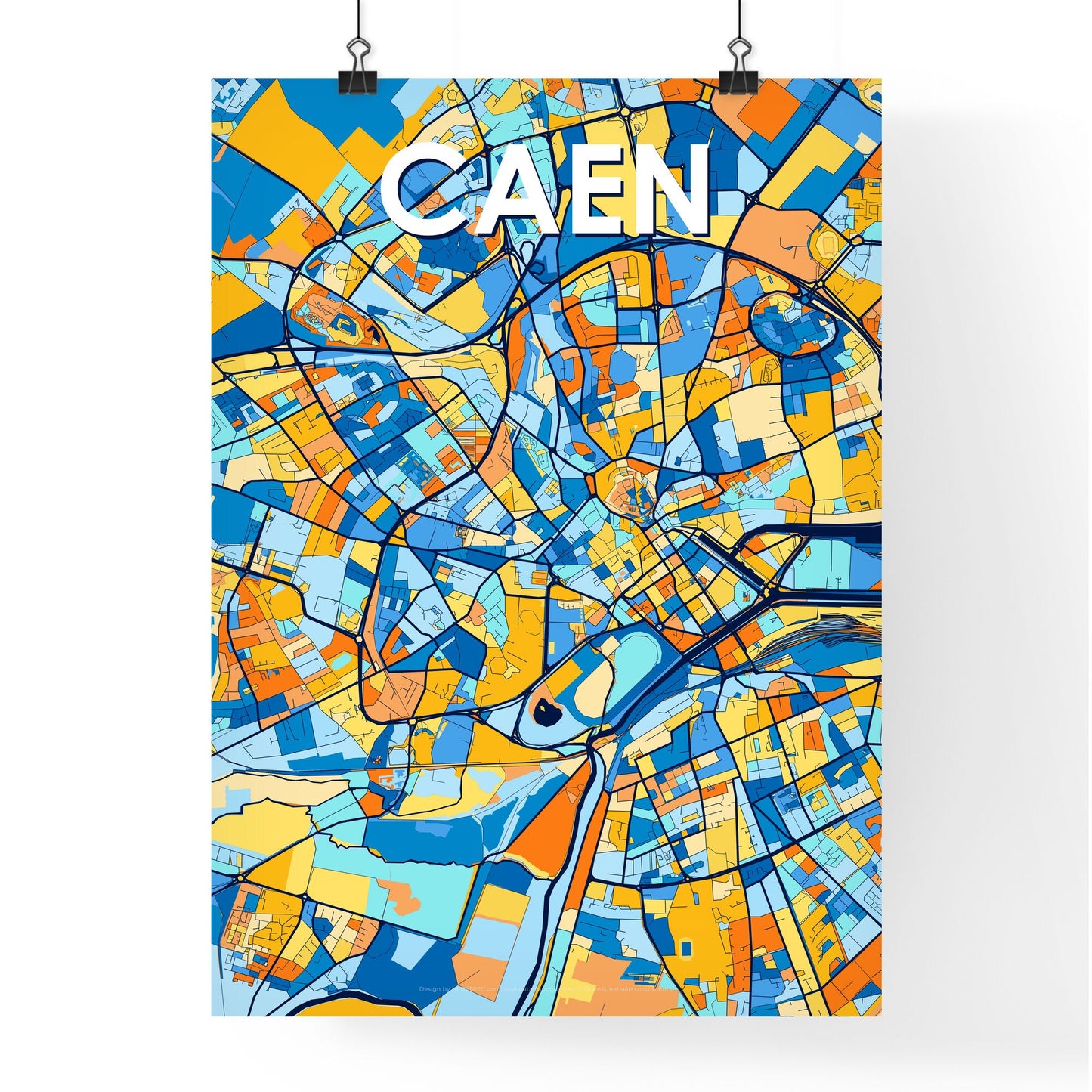 CAEN FRANCE Vibrant Colorful Art Map Poster Blue Orange