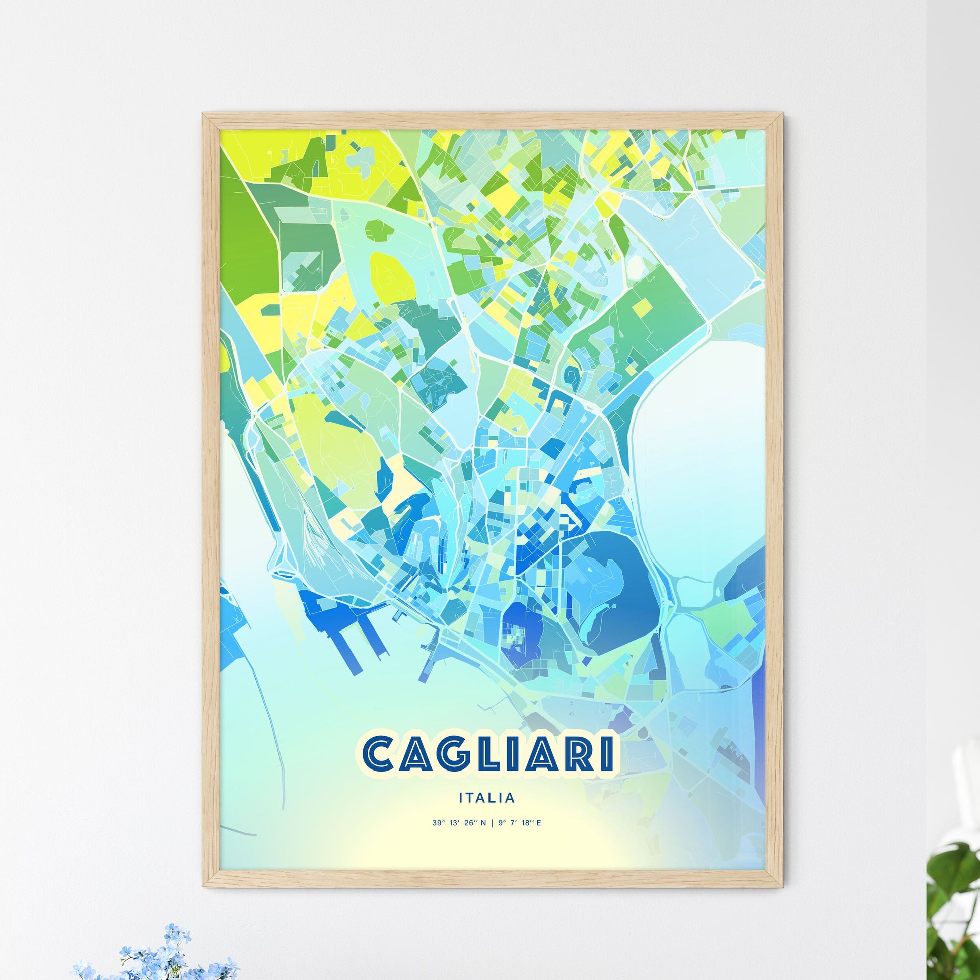 Colorful Cagliari Italy Fine Art Map Cool Blue
