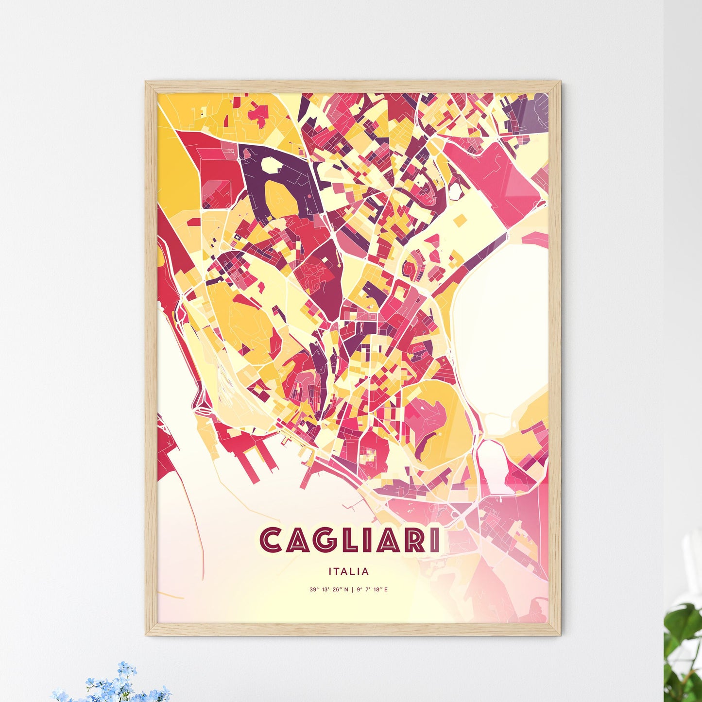 Colorful Cagliari Italy Fine Art Map Hot Red