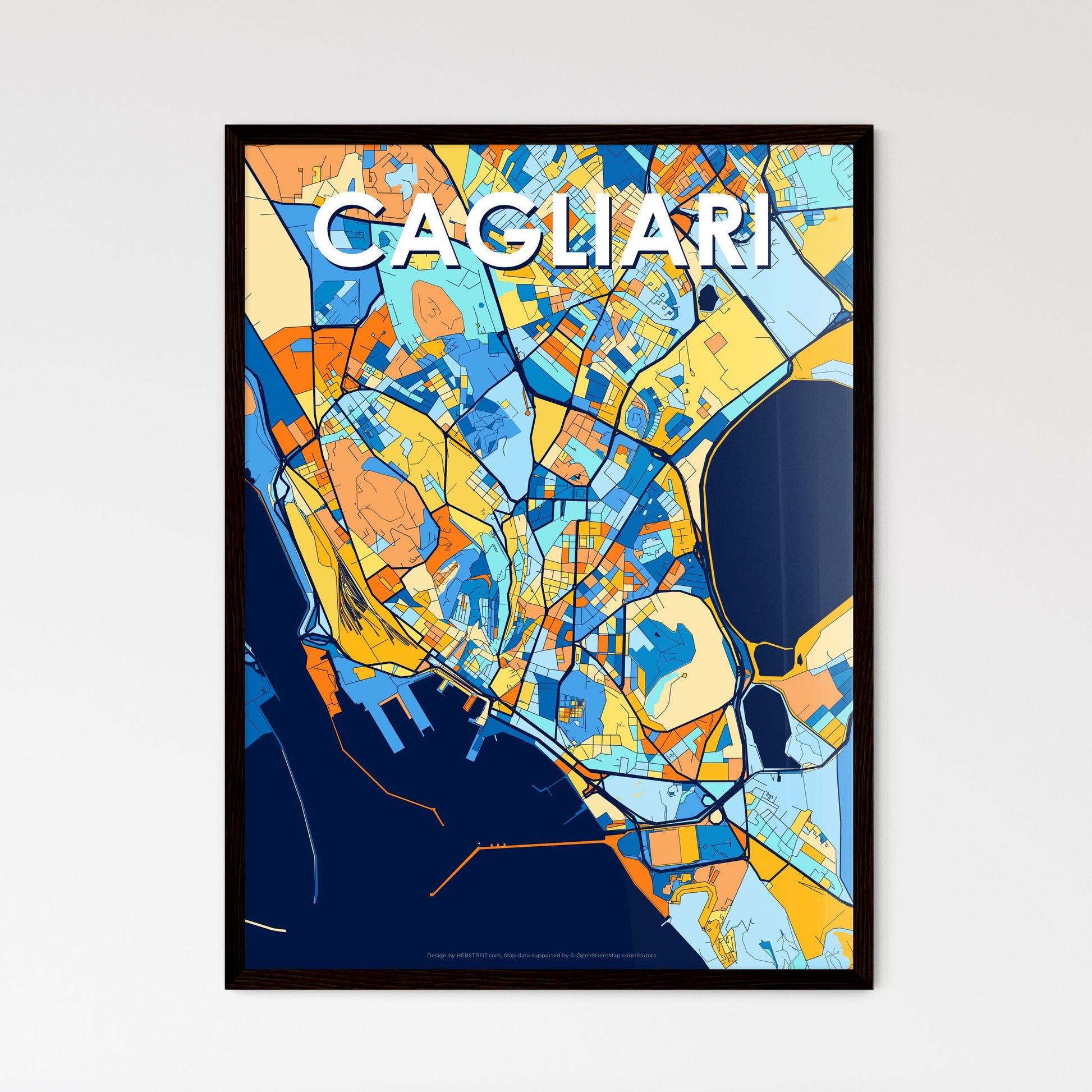 CAGLIARI ITALY Vibrant Colorful Art Map Poster Blue Orange