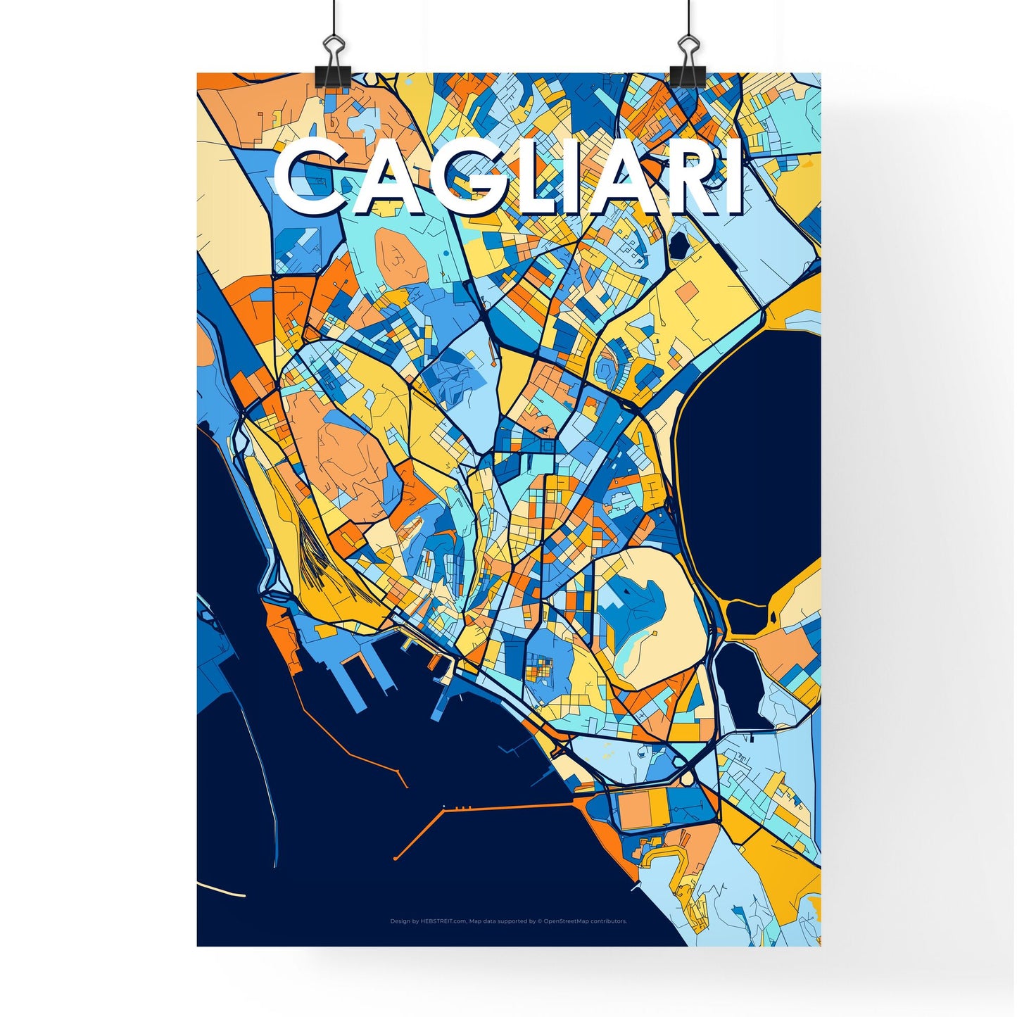 CAGLIARI ITALY Vibrant Colorful Art Map Poster Blue Orange