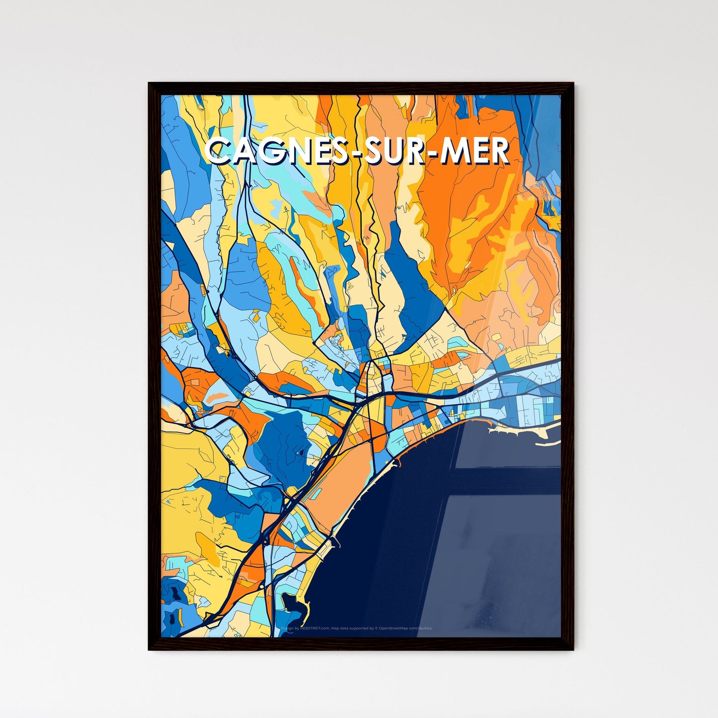 CAGNES-SUR-MER FRANCE Vibrant Colorful Art Map Poster Blue Orange