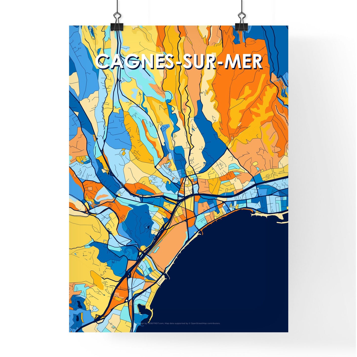 CAGNES-SUR-MER FRANCE Vibrant Colorful Art Map Poster Blue Orange