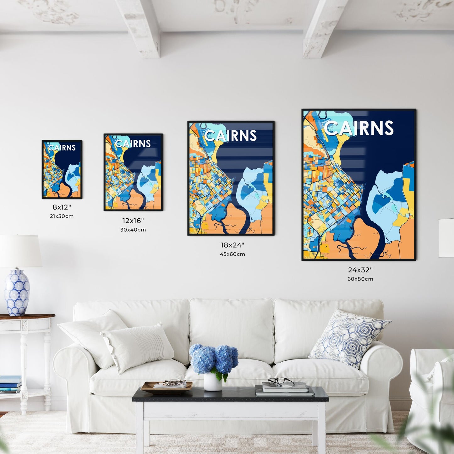 CAIRNS AUSTRALIA Vibrant Colorful Art Map Poster Blue Orange