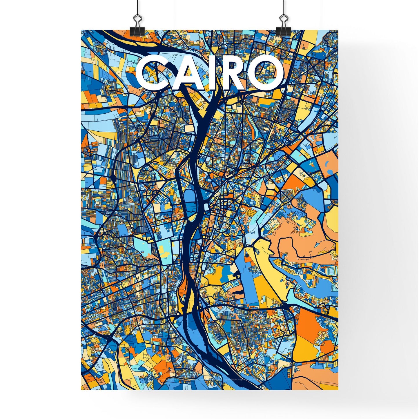 CAIRO EGYPT Vibrant Colorful Art Map Poster Blue Orange