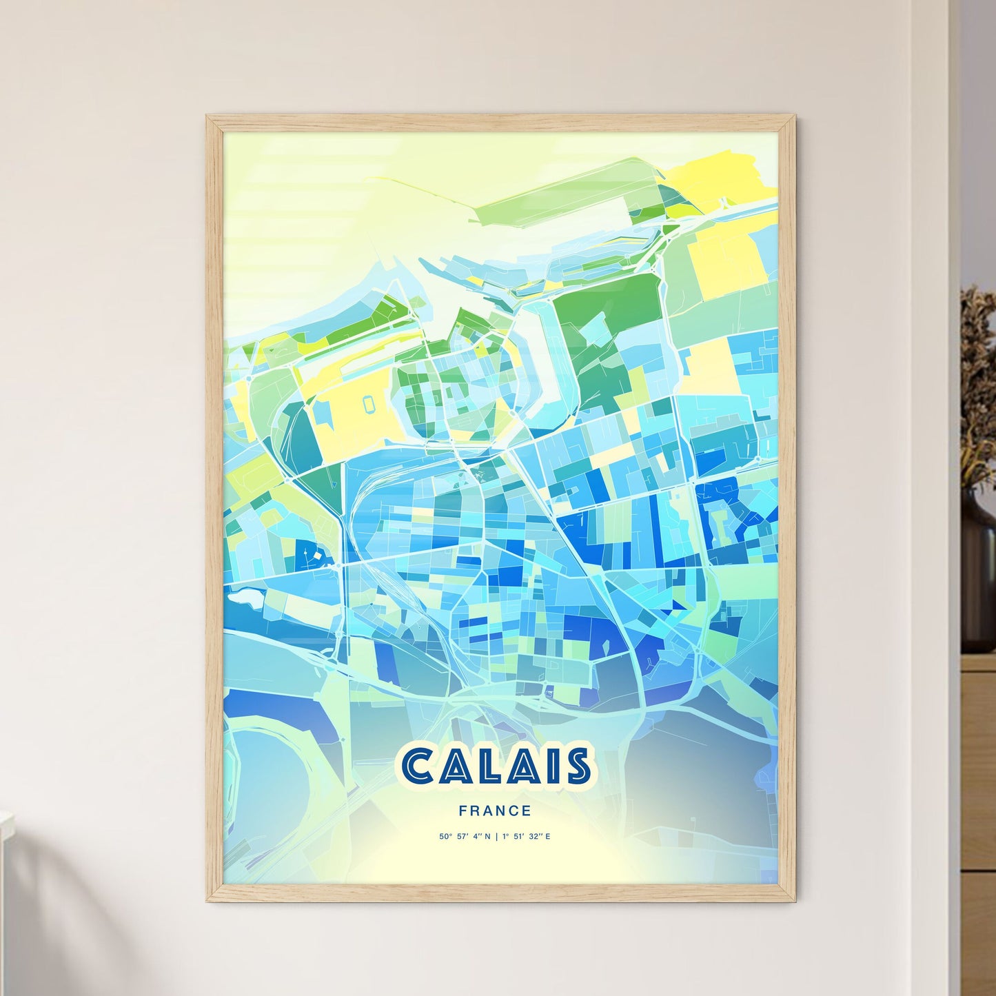 Colorful Calais France Fine Art Map Cool Blue