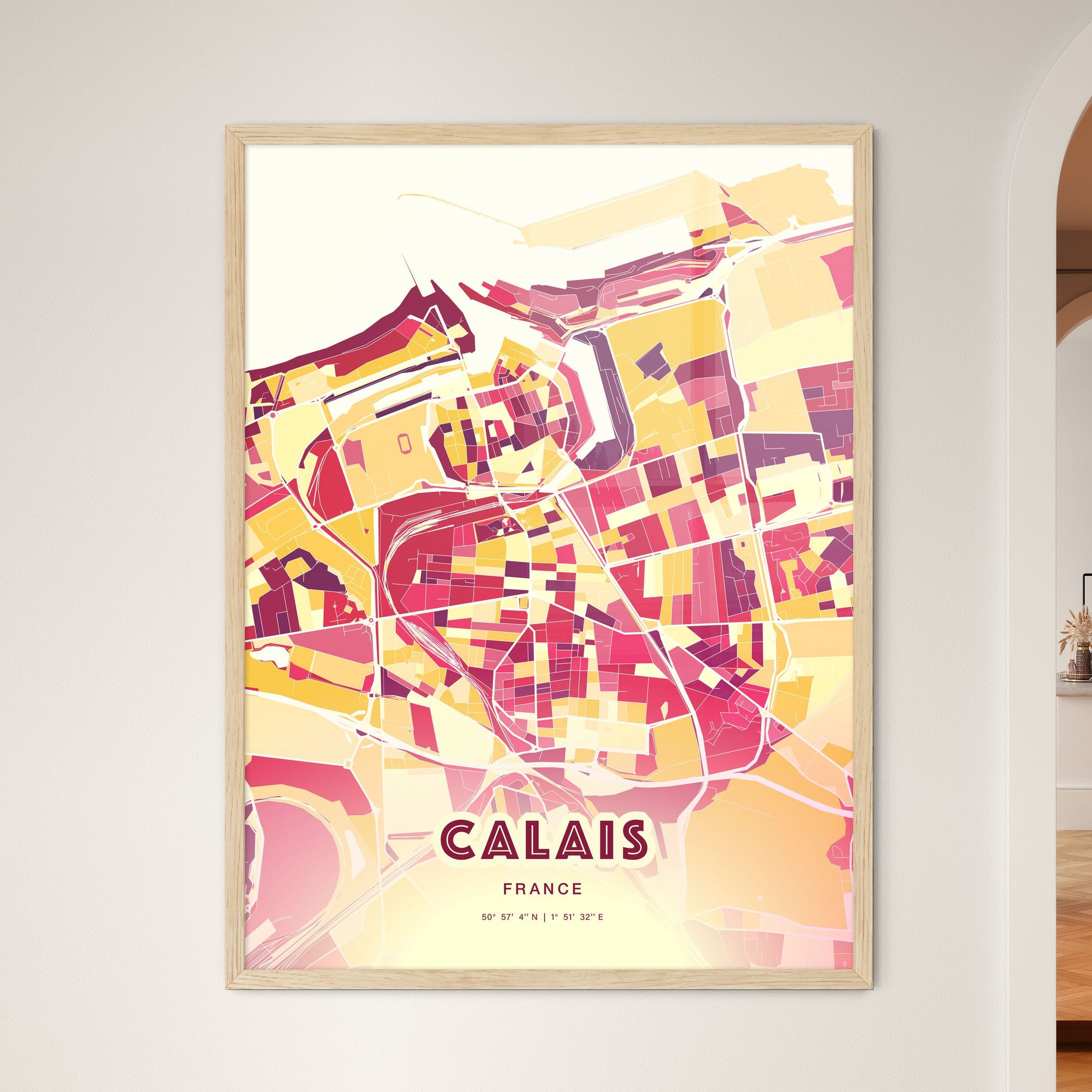 Colorful Calais France Fine Art Map Hot Red