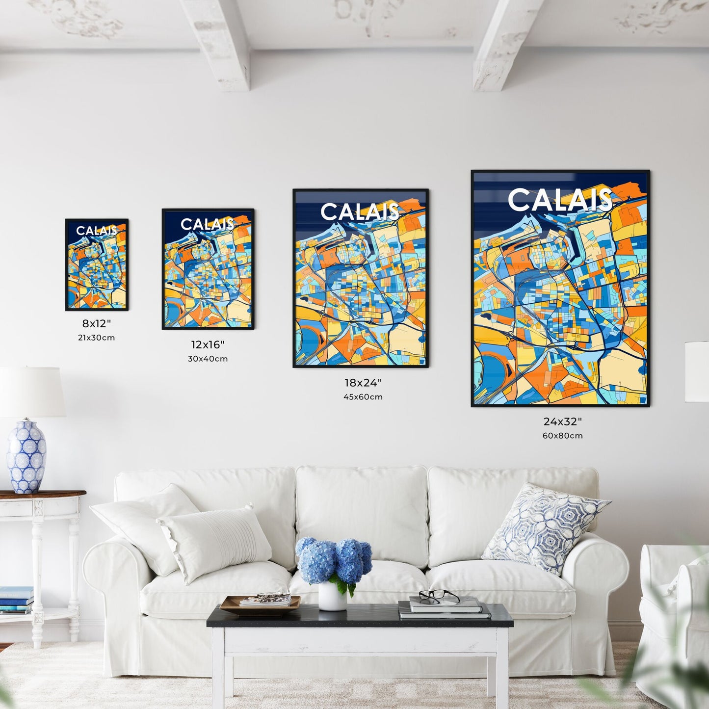 CALAIS FRANCE Vibrant Colorful Art Map Poster Blue Orange