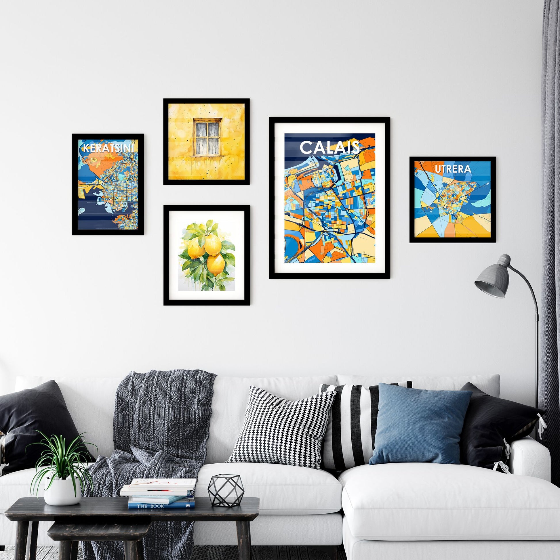 CALAIS FRANCE Vibrant Colorful Art Map Poster Blue Orange