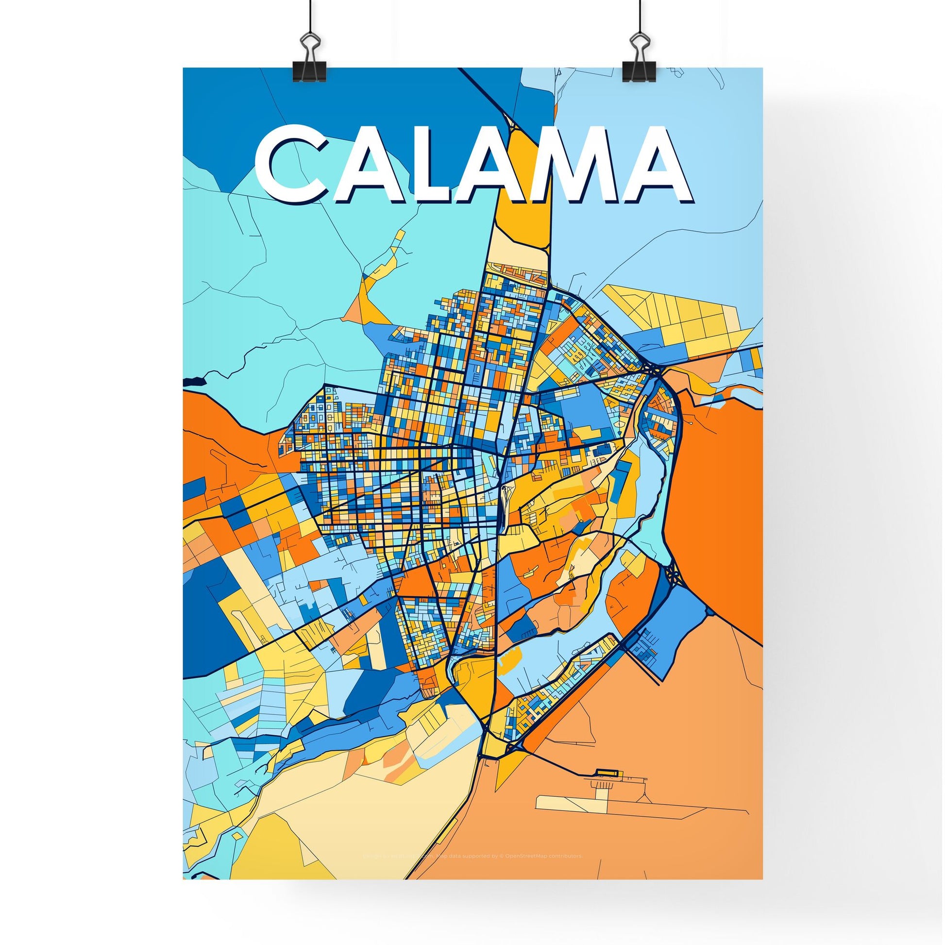 CALAMA CHILE Vibrant Colorful Art Map Poster Blue Orange