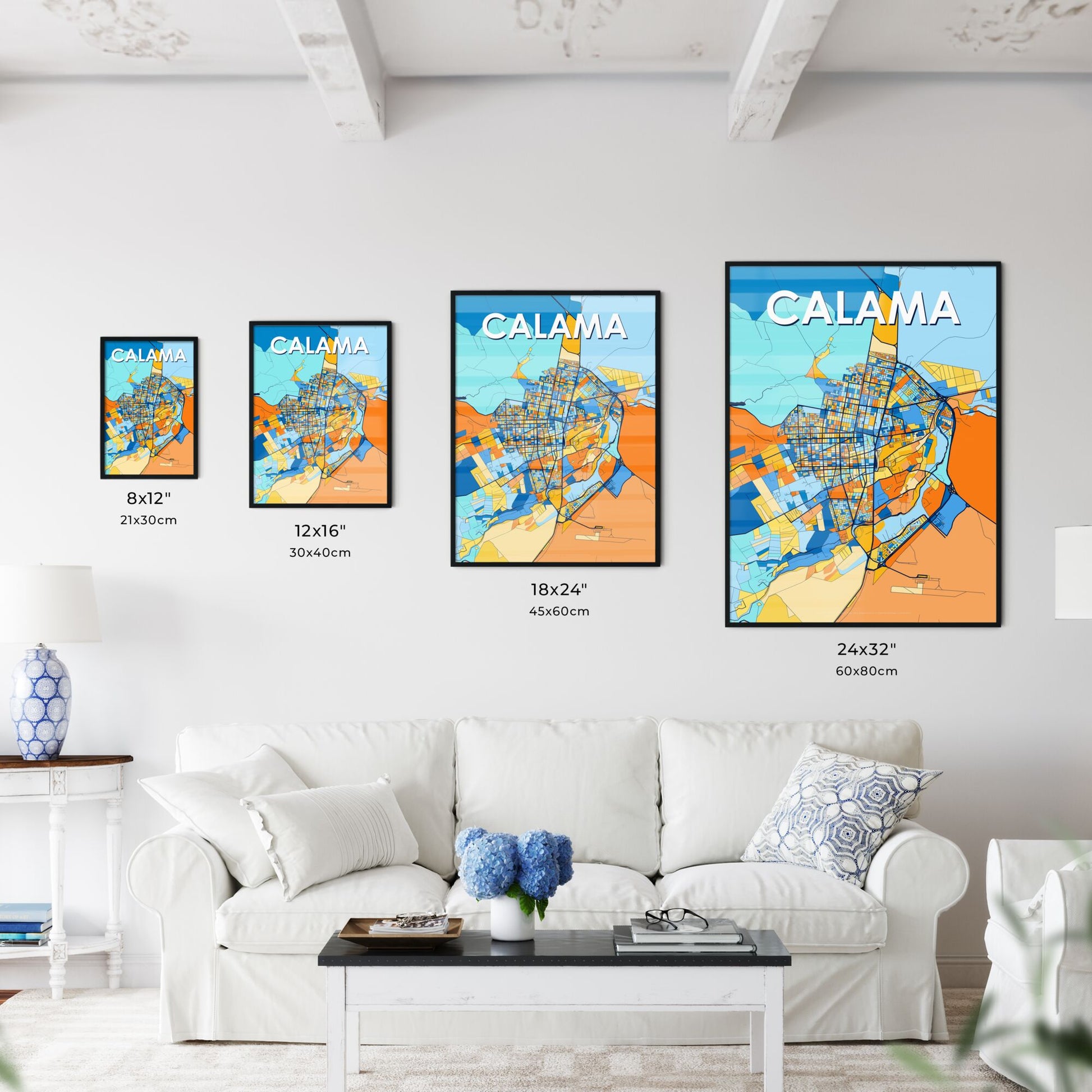 CALAMA CHILE Vibrant Colorful Art Map Poster Blue Orange