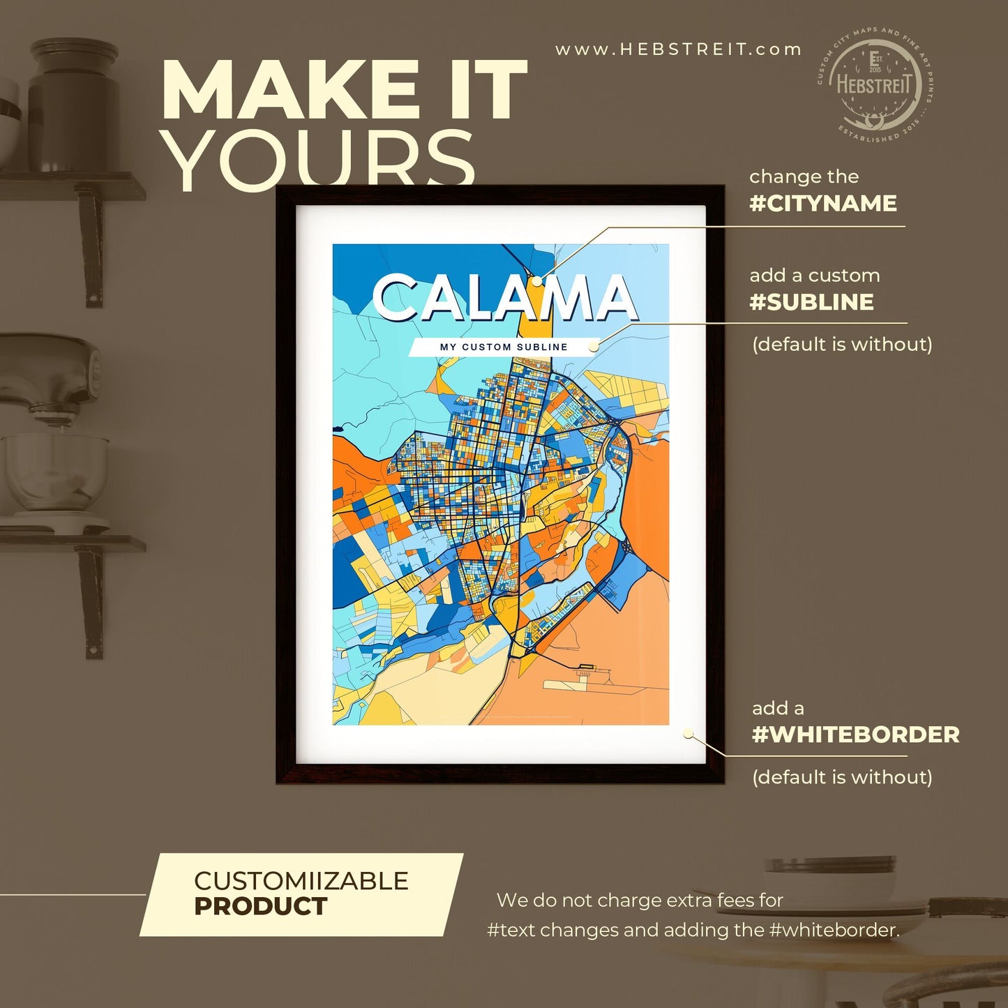 CALAMA CHILE Vibrant Colorful Art Map Poster Blue Orange