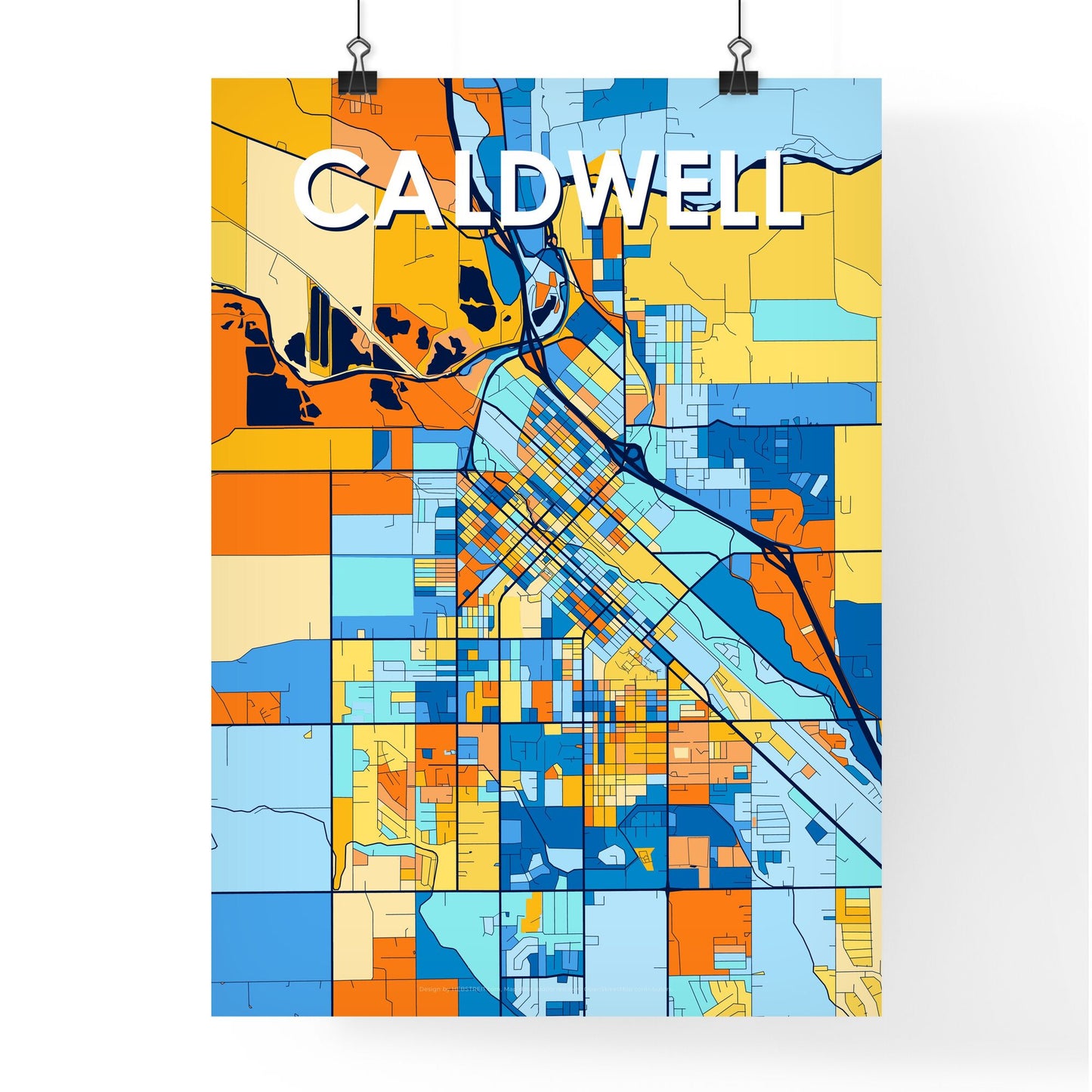 CALDWELL IDAHO Vibrant Colorful Art Map Poster Blue Orange