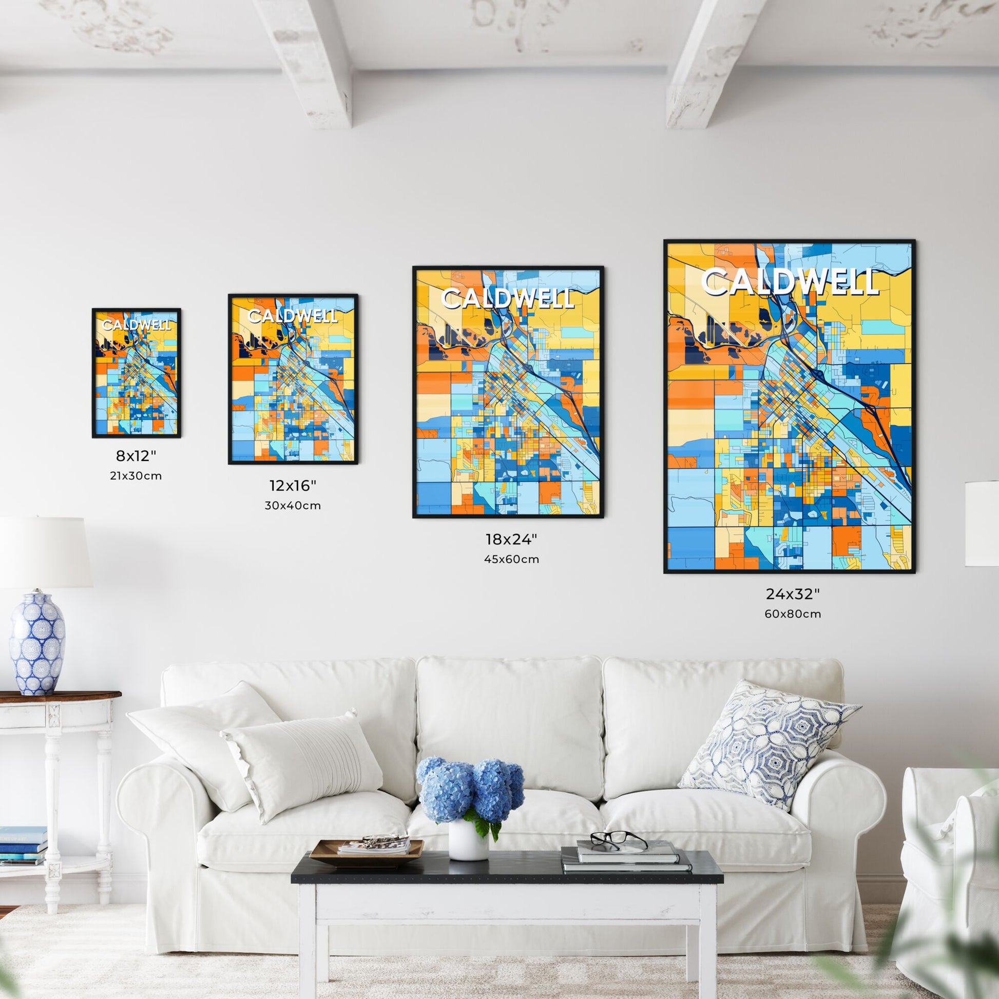 CALDWELL IDAHO Vibrant Colorful Art Map Poster Blue Orange