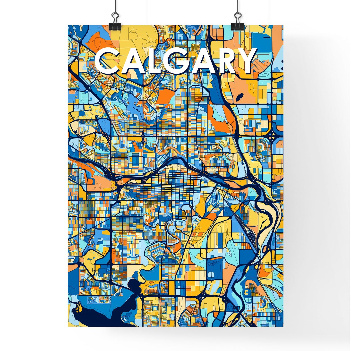 CALGARY CANADA Vibrant Colorful Art Map Poster Blue Orange