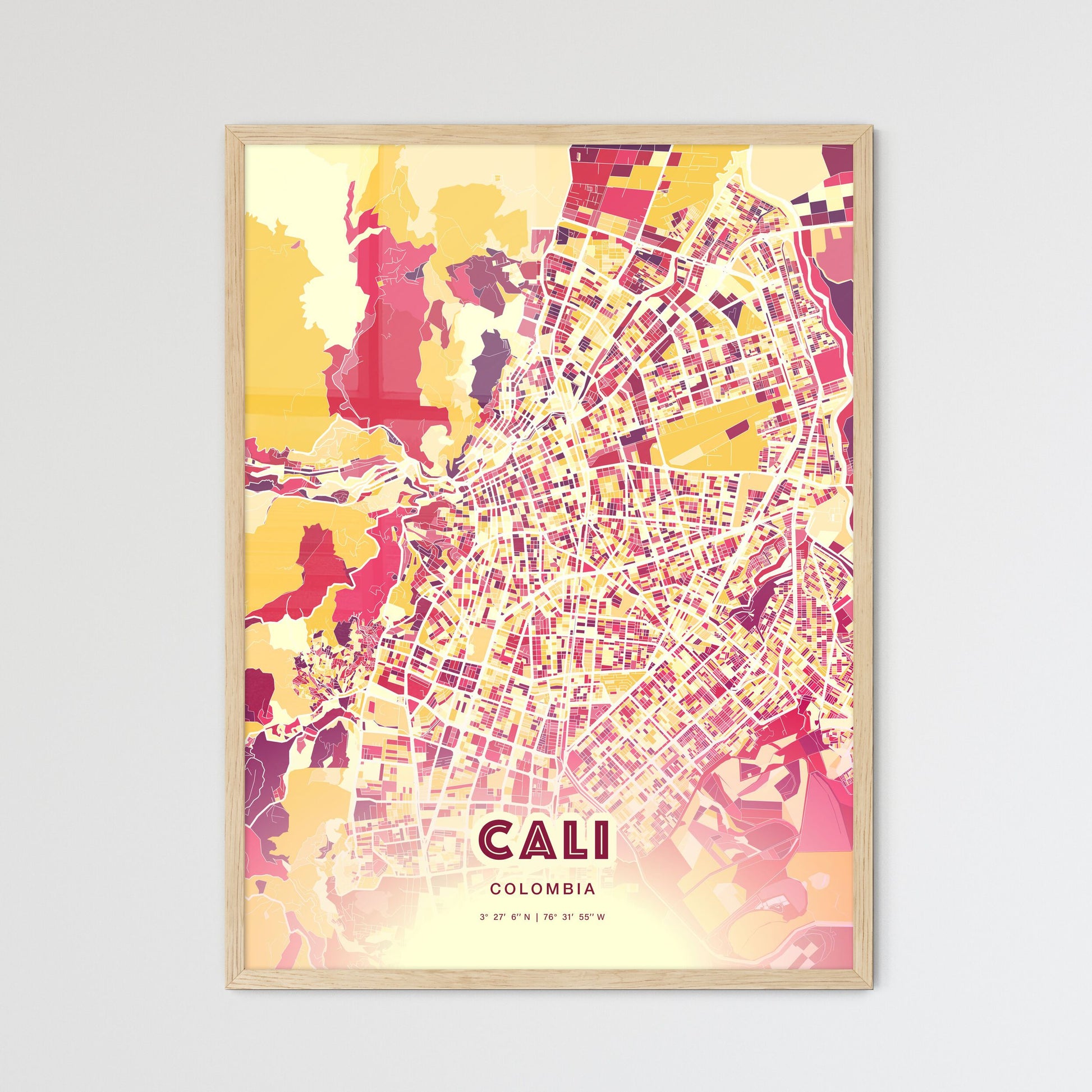 Colorful Cali Colombia Fine Art Map Hot Red
