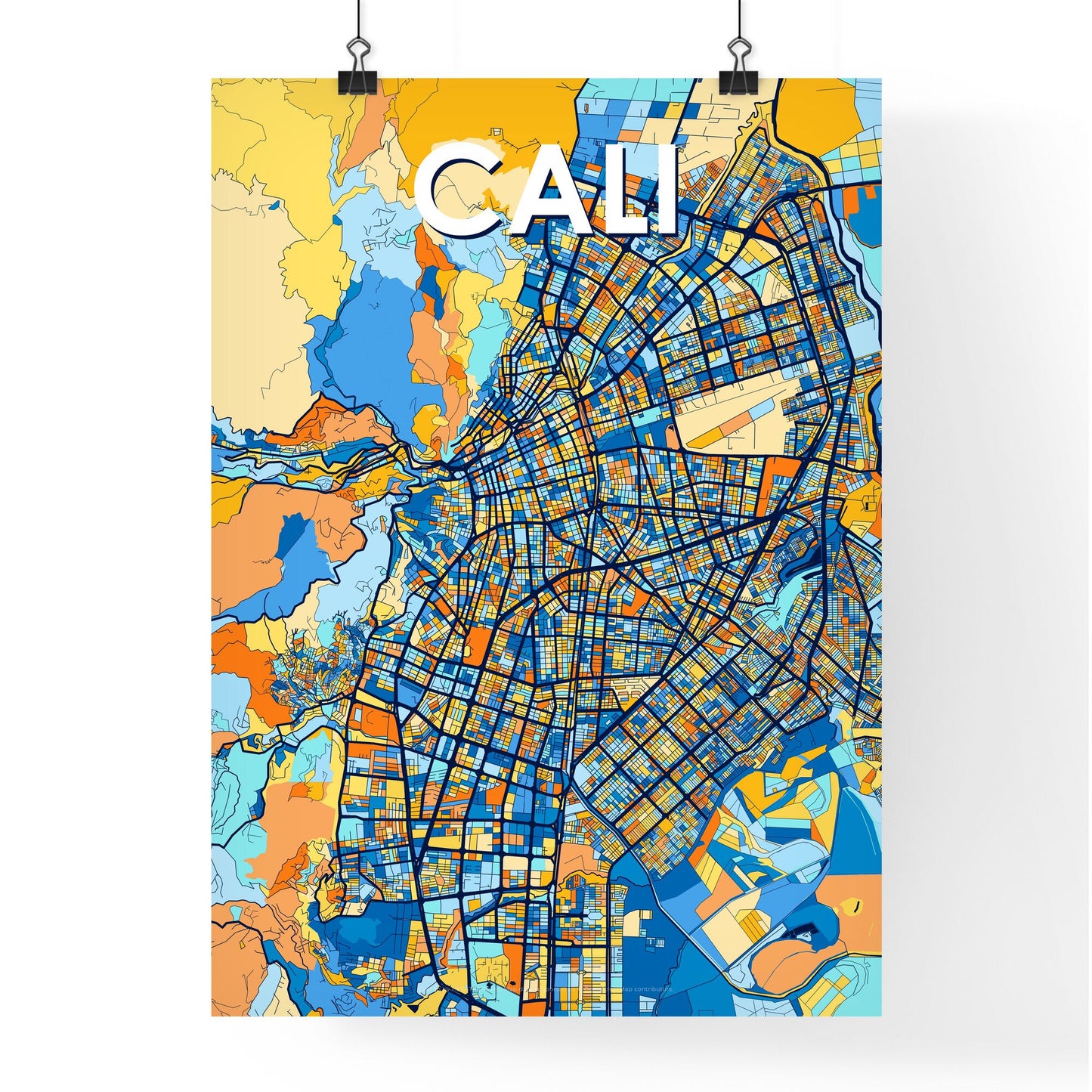 CALI COLOMBIA Vibrant Colorful Art Map Poster Blue Orange