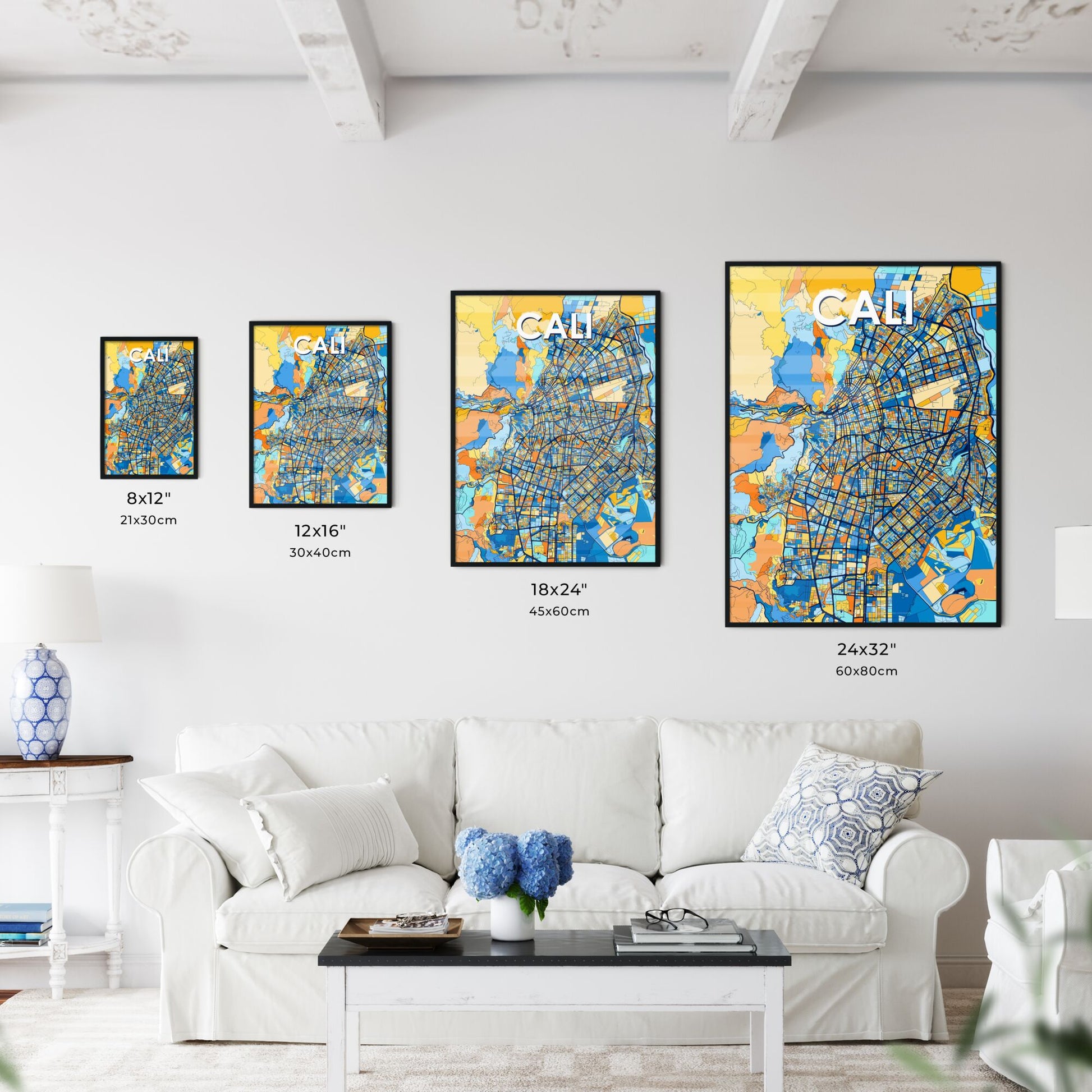 CALI COLOMBIA Vibrant Colorful Art Map Poster Blue Orange