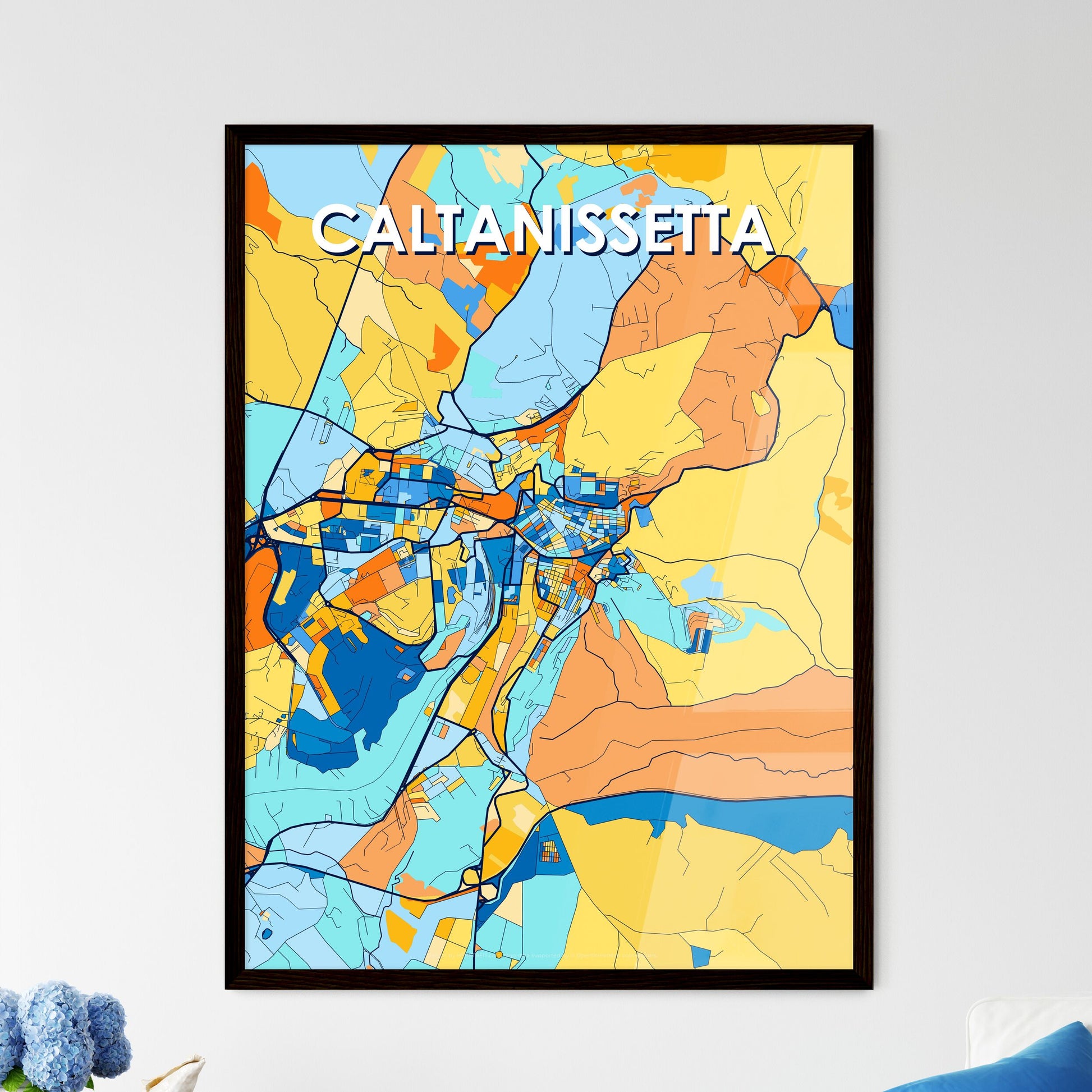 CALTANISSETTA ITALY Vibrant Colorful Art Map Poster Blue Orange