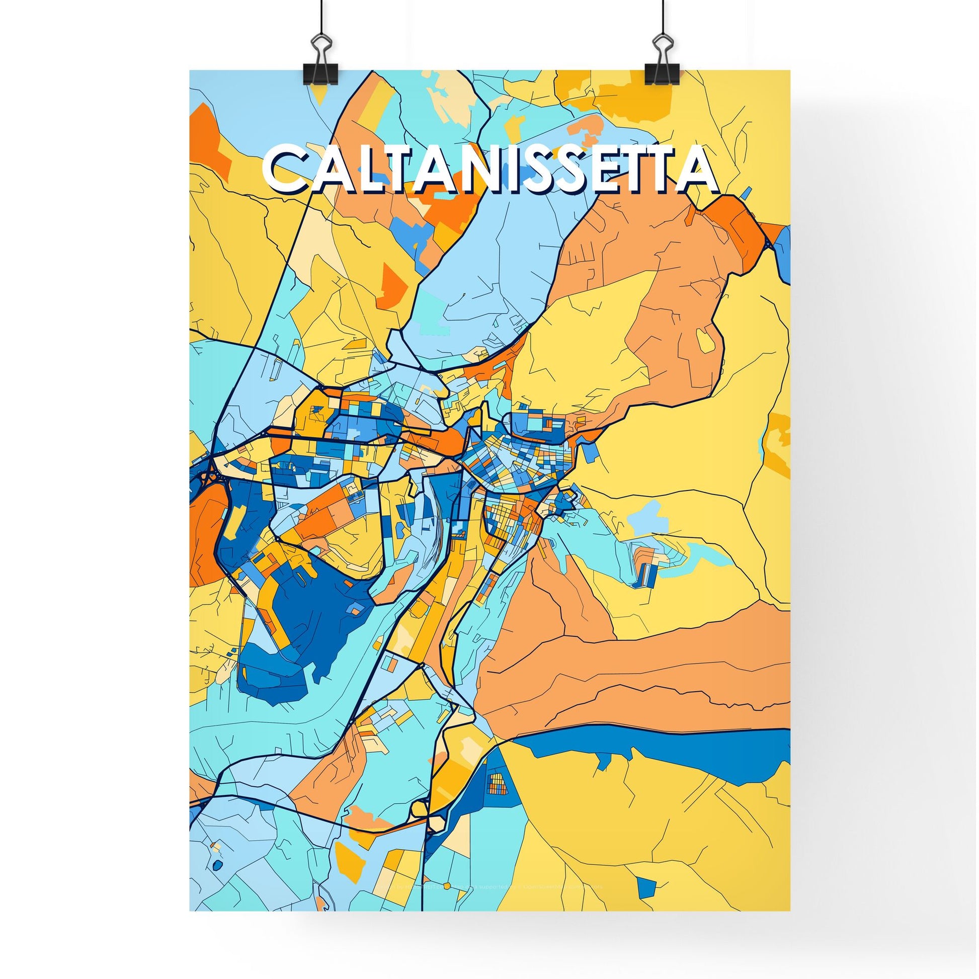 CALTANISSETTA ITALY Vibrant Colorful Art Map Poster Blue Orange