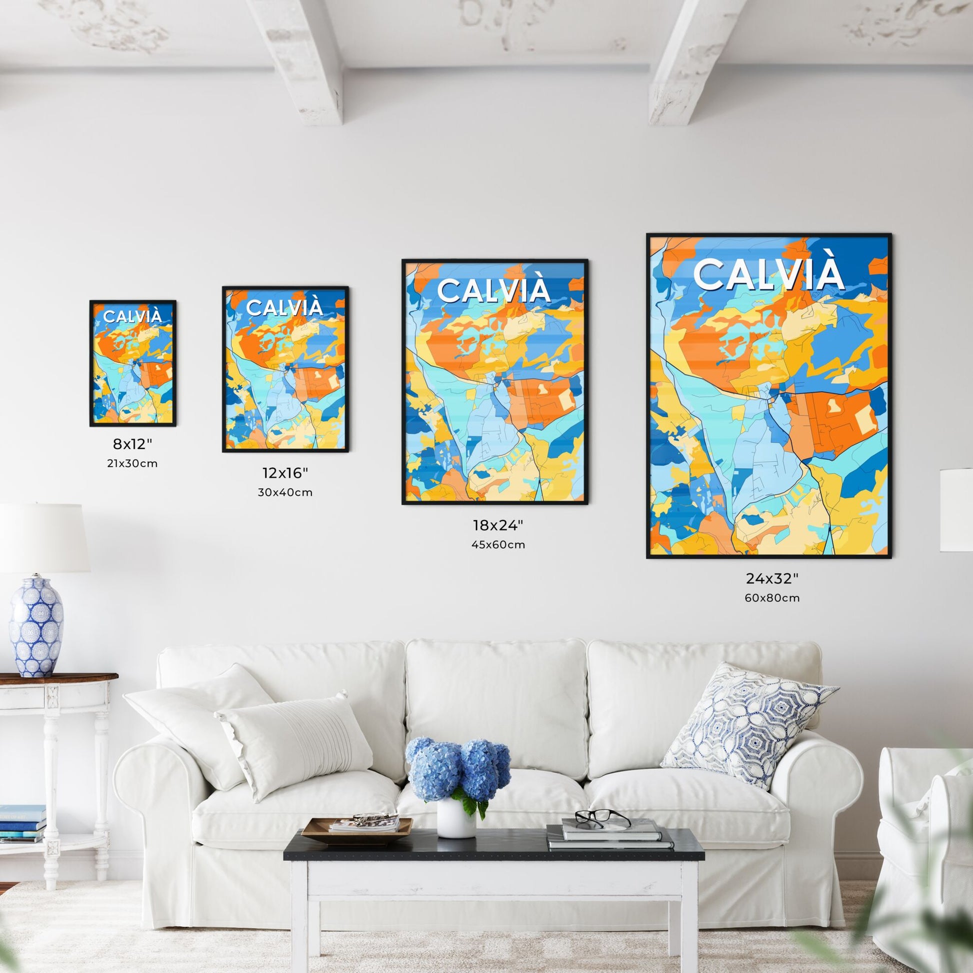 CALVIÀ SPAIN Vibrant Colorful Art Map Poster Blue Orange