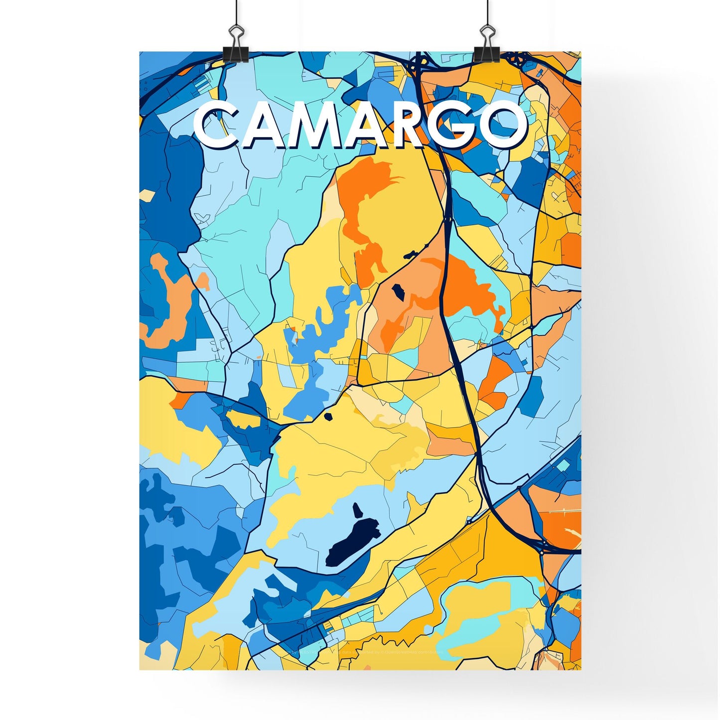 CAMARGO SPAIN Vibrant Colorful Art Map Poster Blue Orange