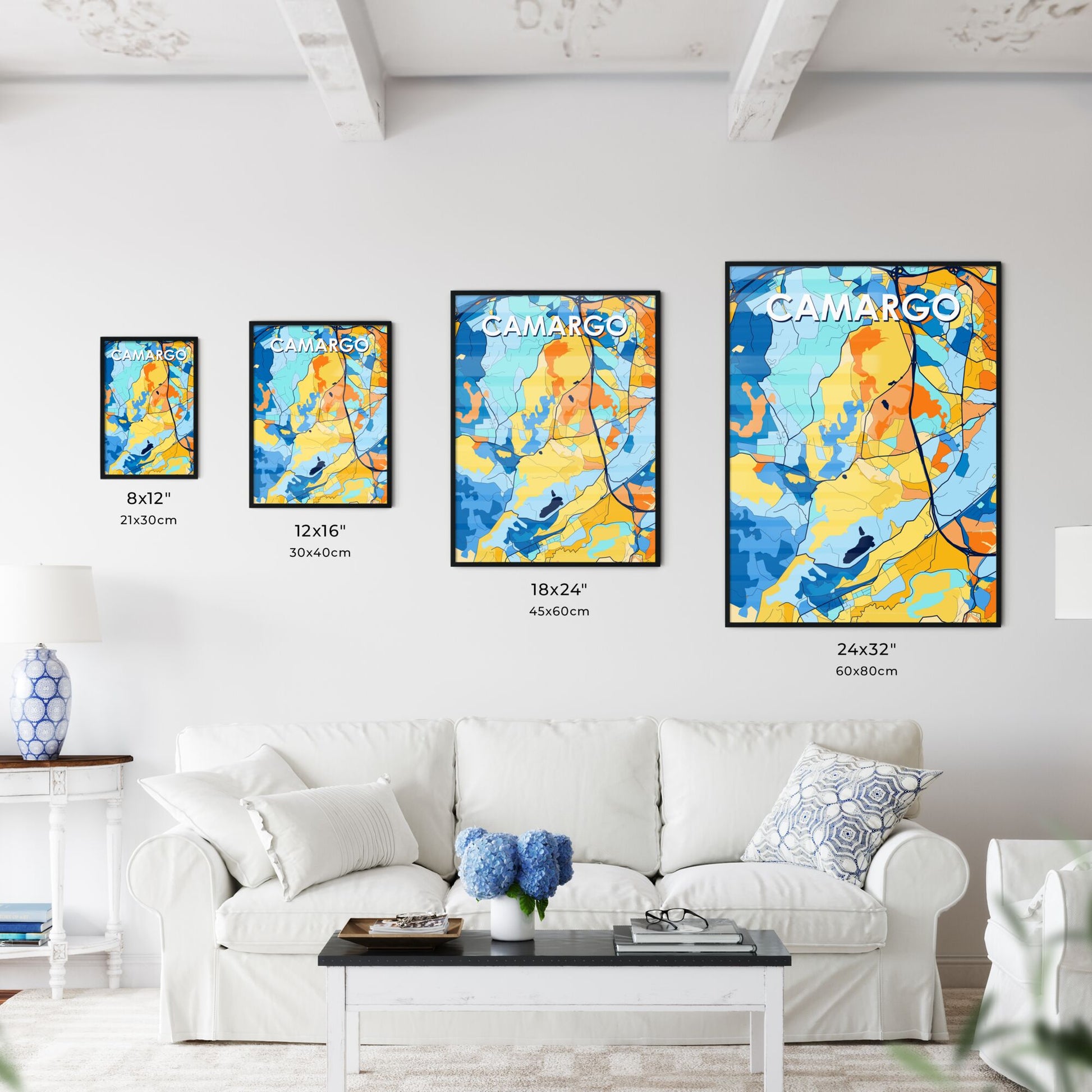 CAMARGO SPAIN Vibrant Colorful Art Map Poster Blue Orange