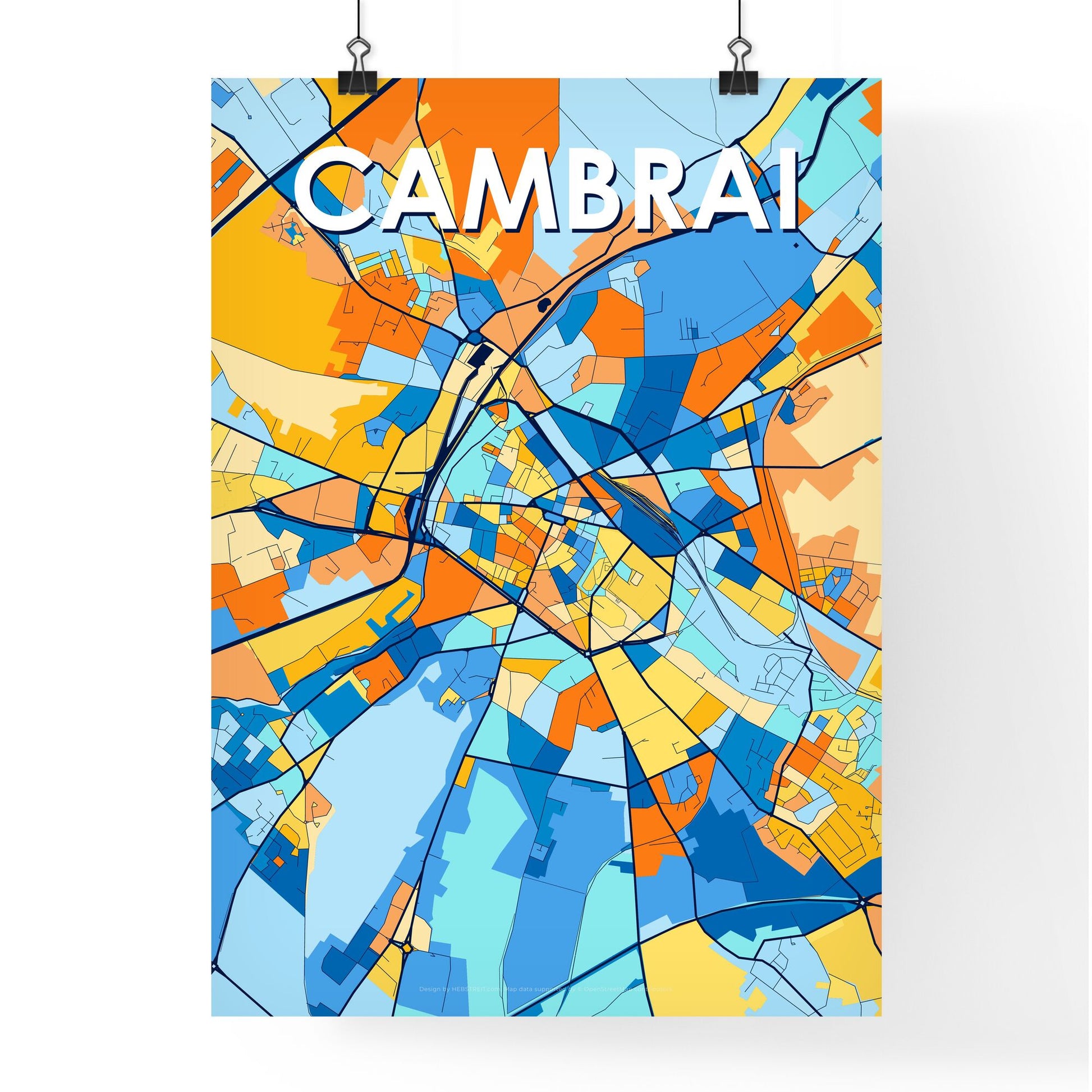 CAMBRAI FRANCE Vibrant Colorful Art Map Poster Blue Orange