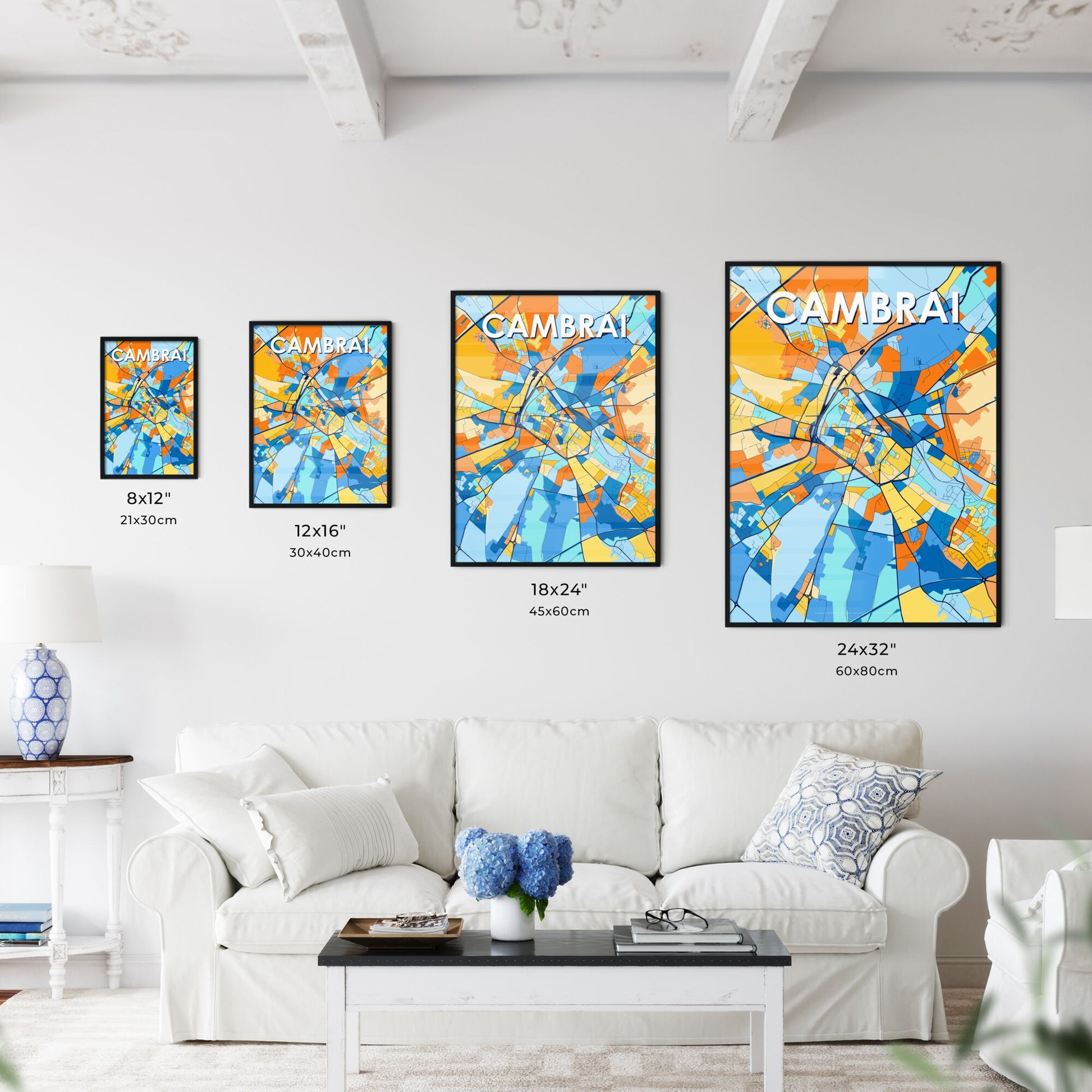 CAMBRAI FRANCE Vibrant Colorful Art Map Poster Blue Orange