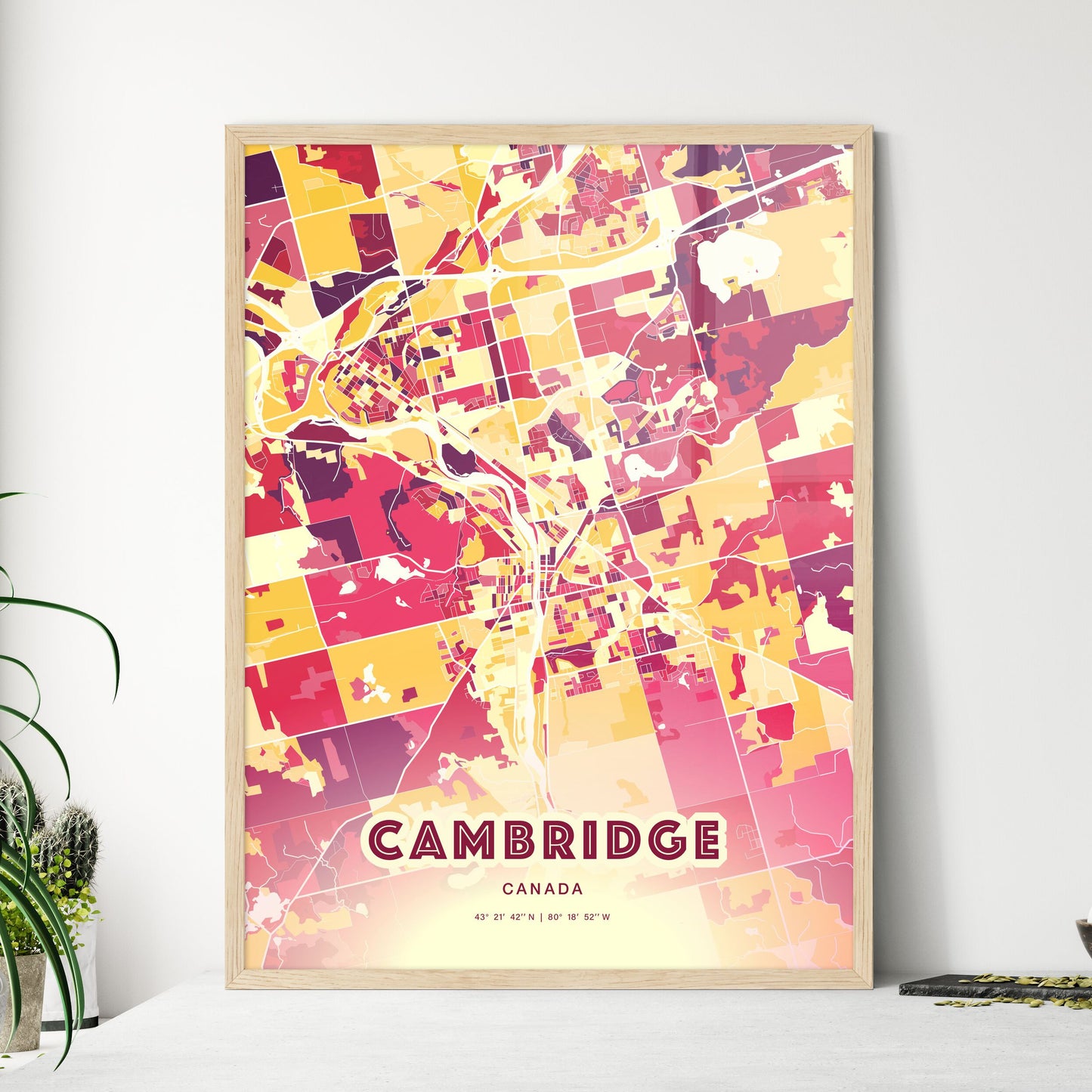 Colorful Cambridge Canada Fine Art Map Hot Red