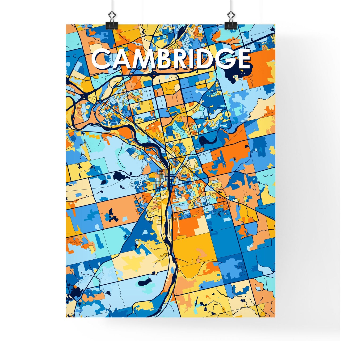 CAMBRIDGE CANADA Vibrant Colorful Art Map Poster Blue Orange