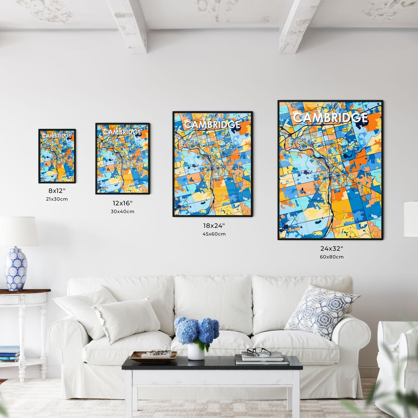 CAMBRIDGE CANADA Vibrant Colorful Art Map Poster Blue Orange