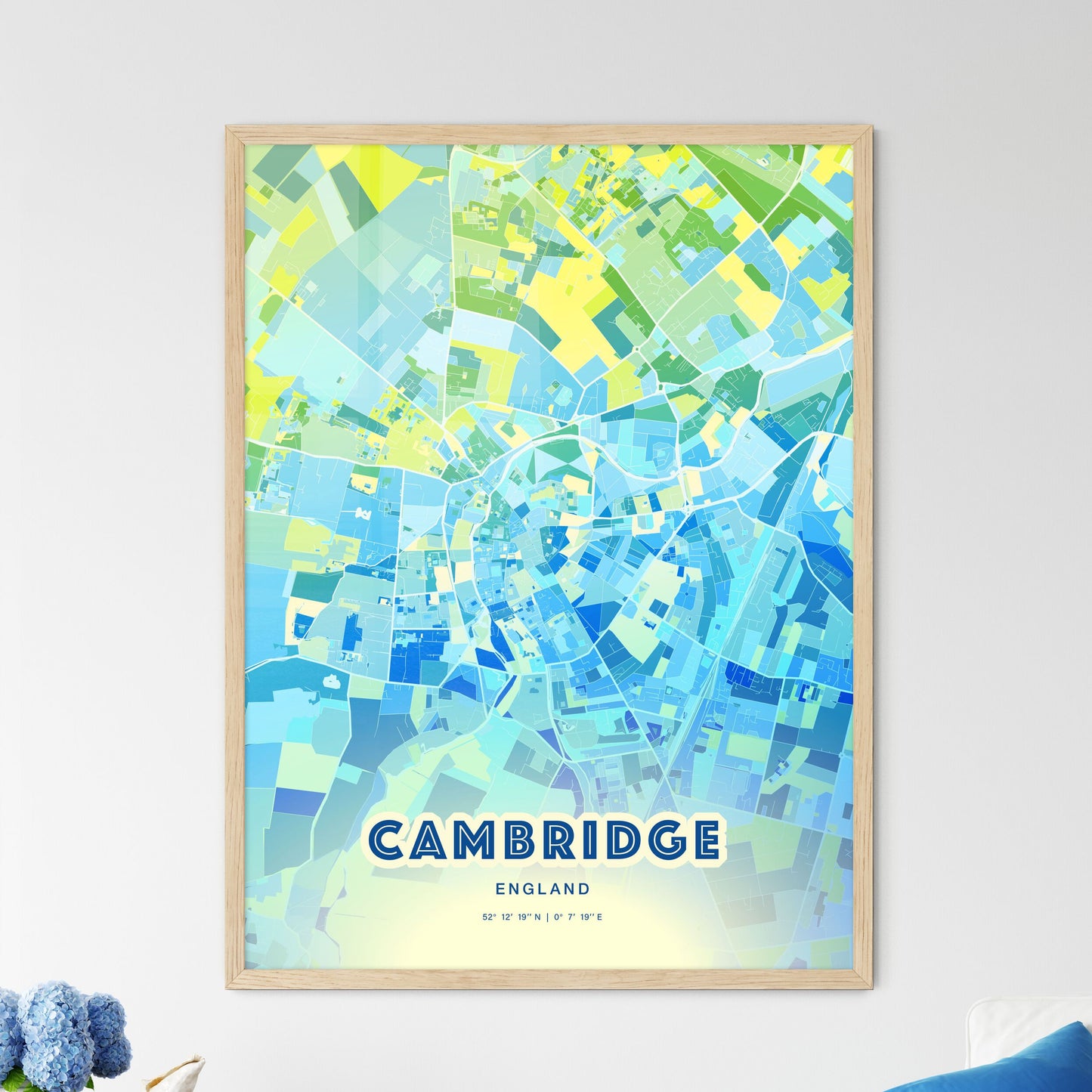 Colorful Cambridge England Fine Art Map Cool Blue