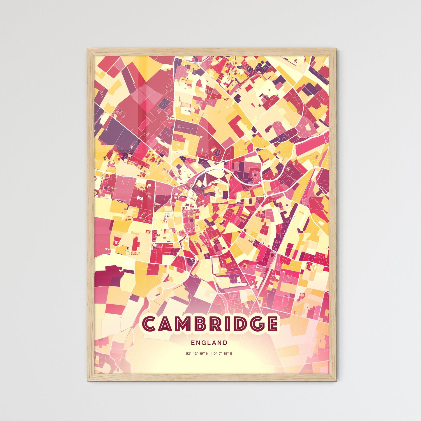 Colorful Cambridge England Fine Art Map Hot Red