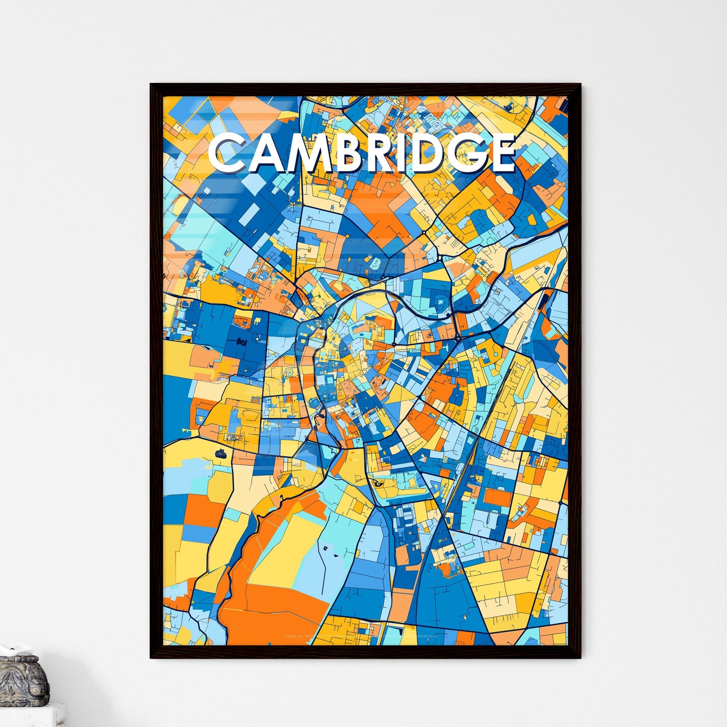 CAMBRIDGE ENGLAND Vibrant Colorful Art Map Poster Blue Orange