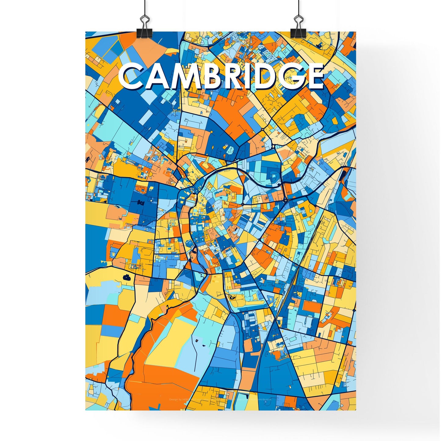 CAMBRIDGE ENGLAND Vibrant Colorful Art Map Poster Blue Orange