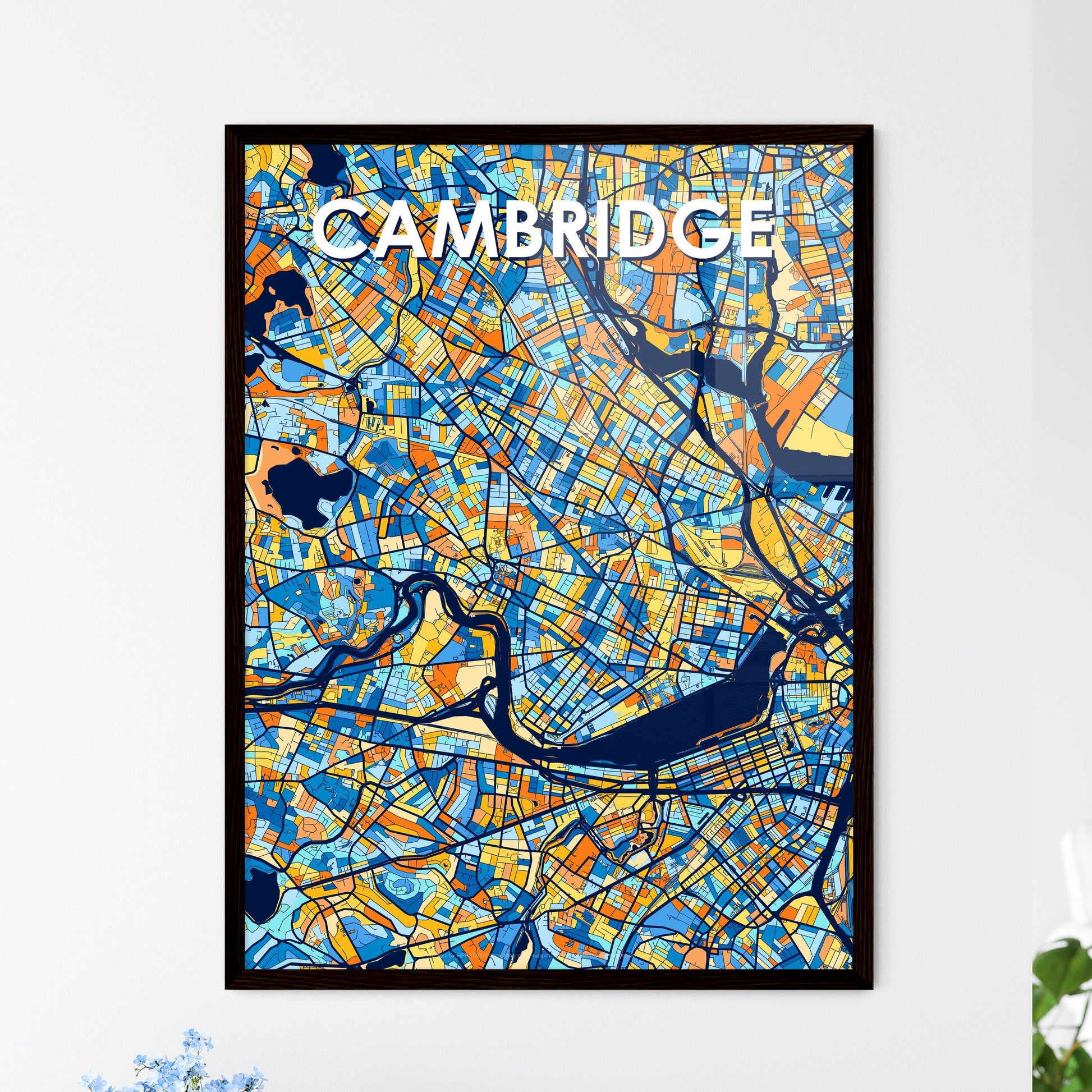 CAMBRIDGE MASSACHUSETTS Vibrant Colorful Art Map Poster Blue Orange