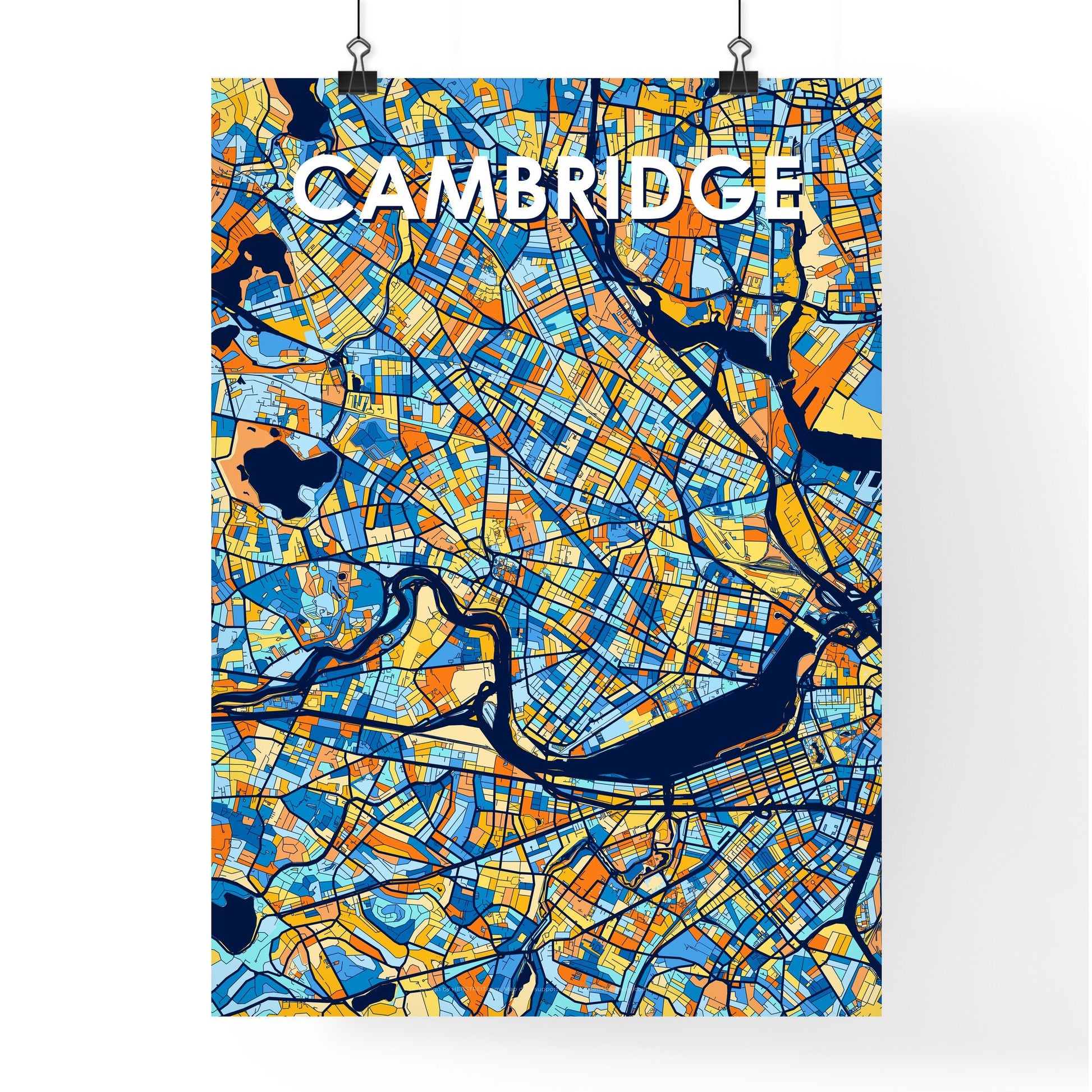 CAMBRIDGE MASSACHUSETTS Vibrant Colorful Art Map Poster Blue Orange