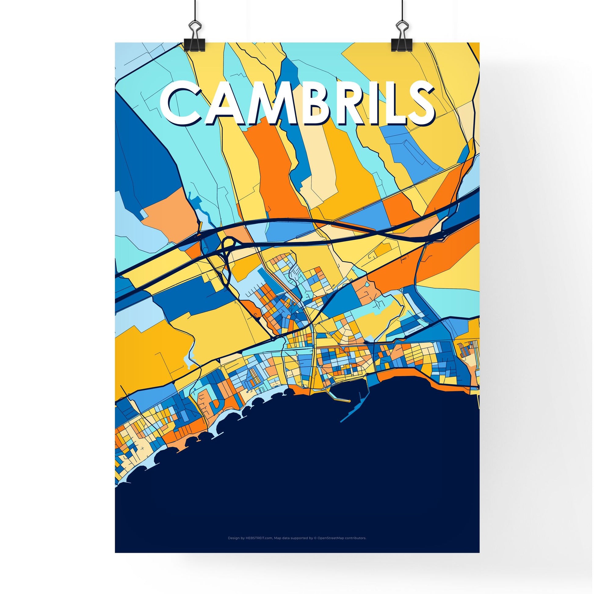 CAMBRILS SPAIN Vibrant Colorful Art Map Poster Blue Orange