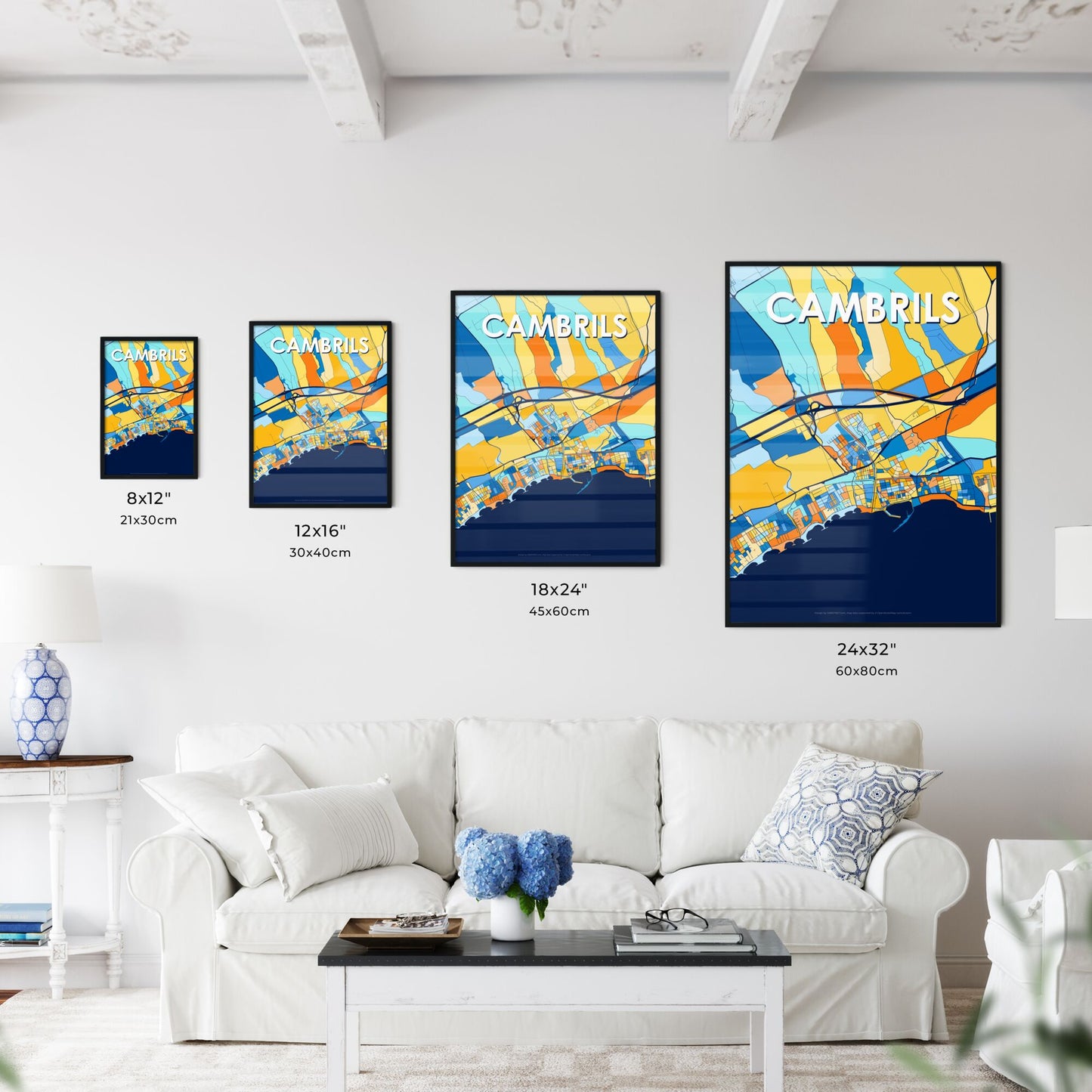 CAMBRILS SPAIN Vibrant Colorful Art Map Poster Blue Orange