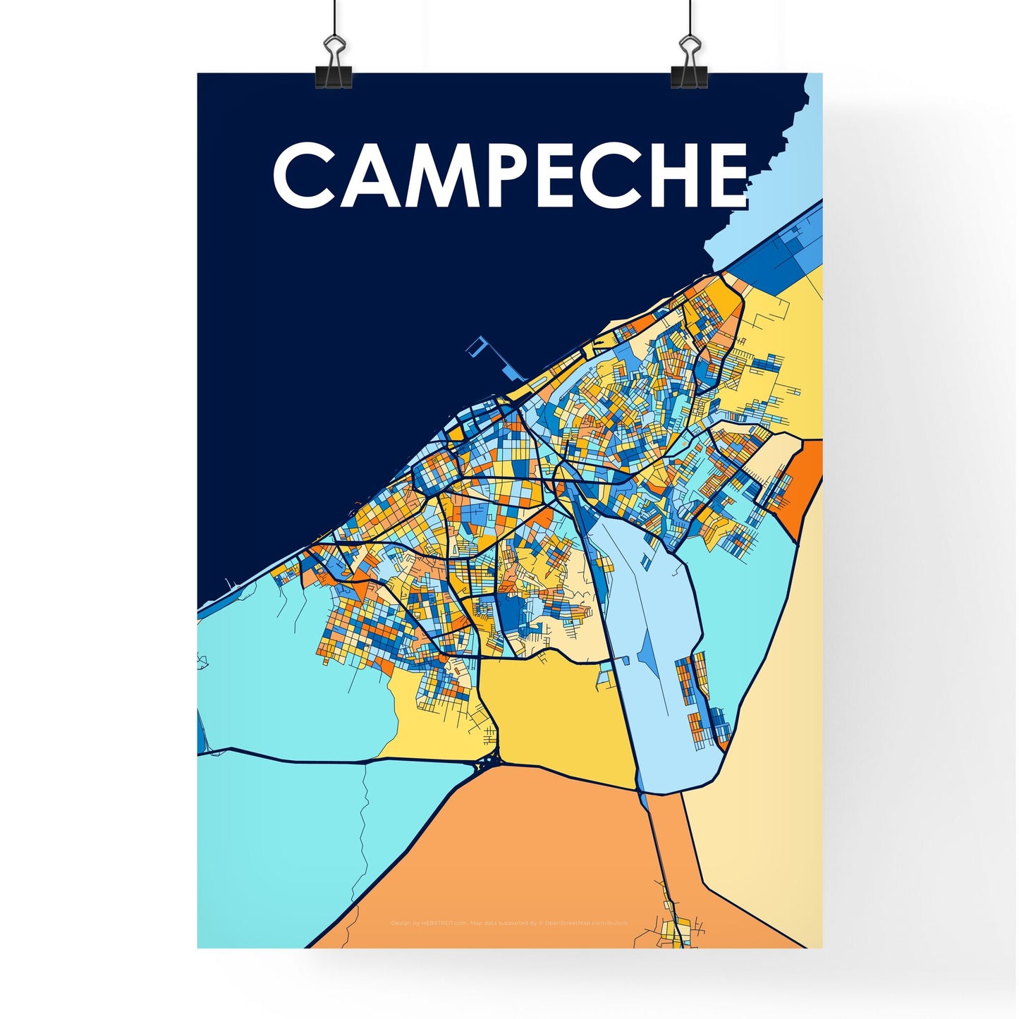 CAMPECHE MEXICO Vibrant Colorful Art Map Poster Blue Orange