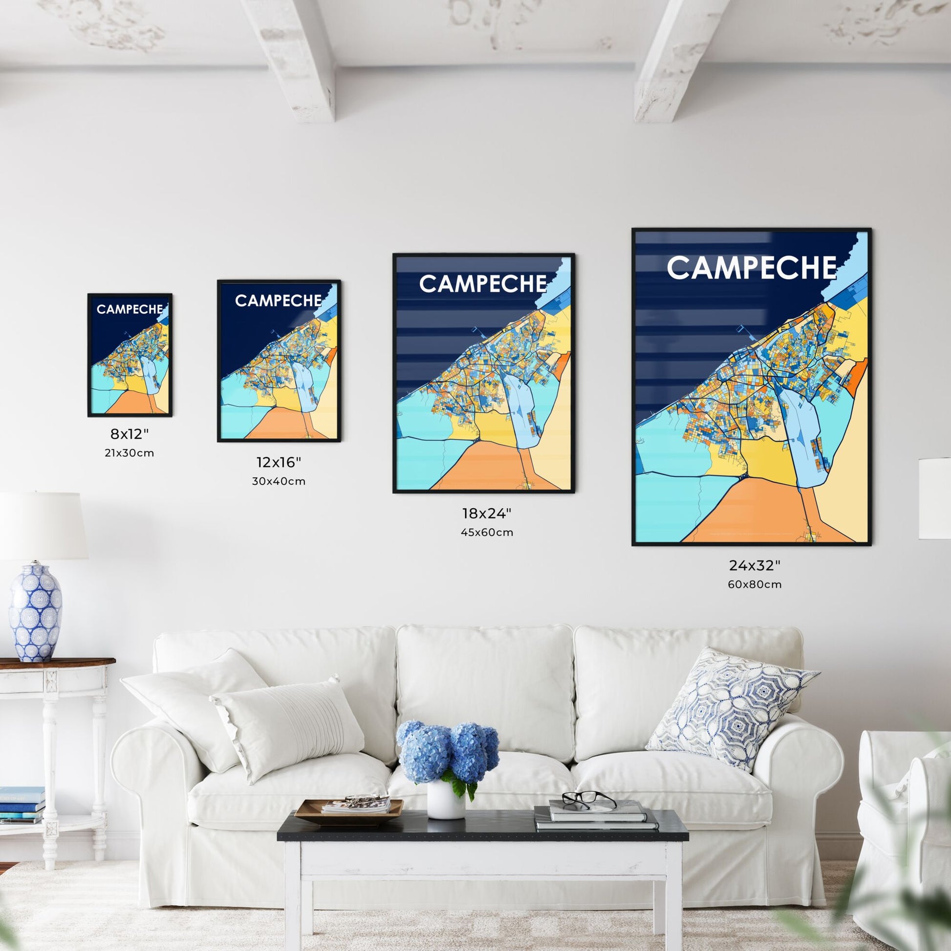 CAMPECHE MEXICO Vibrant Colorful Art Map Poster Blue Orange