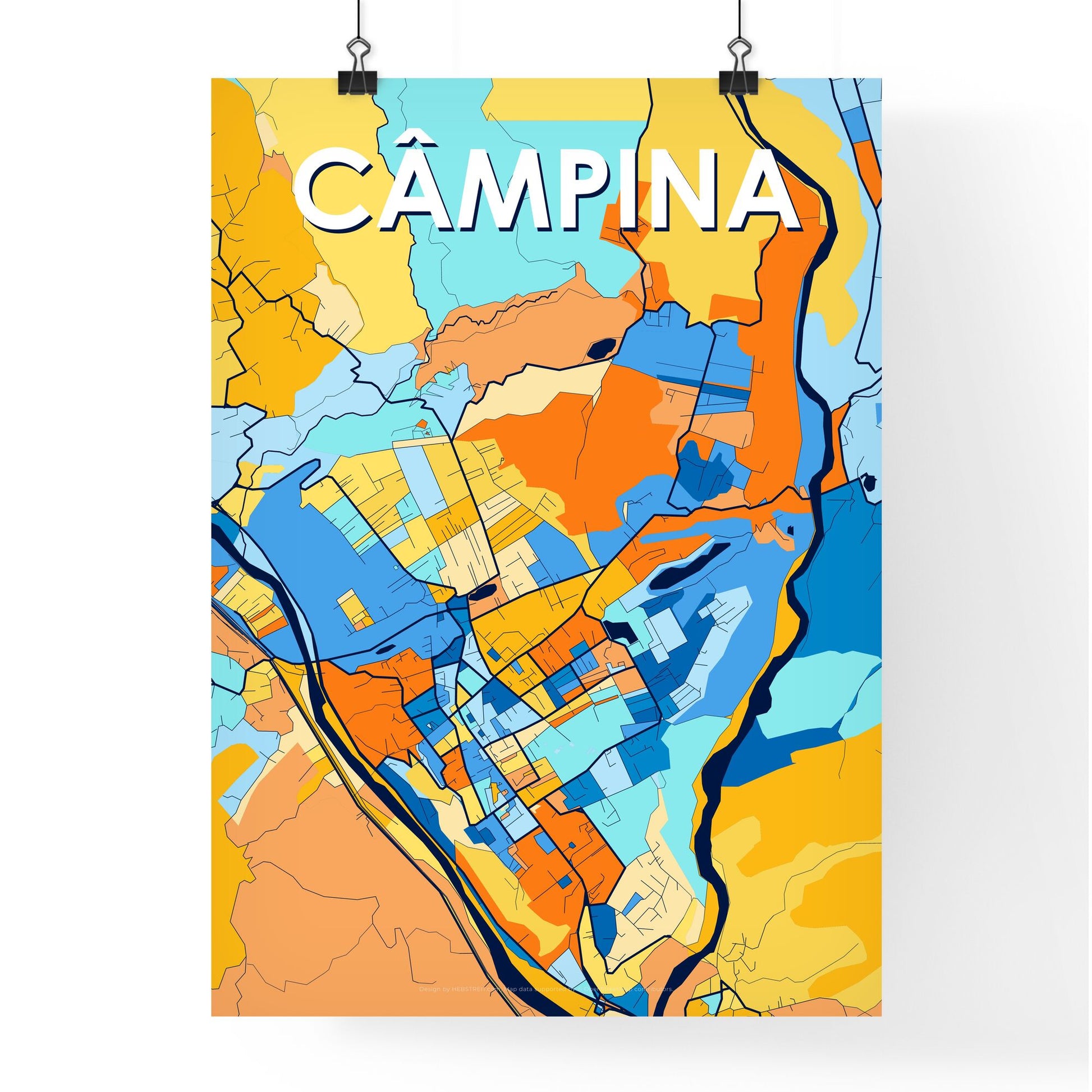 CÂMPINA ROMANIA Vibrant Colorful Art Map Poster Blue Orange