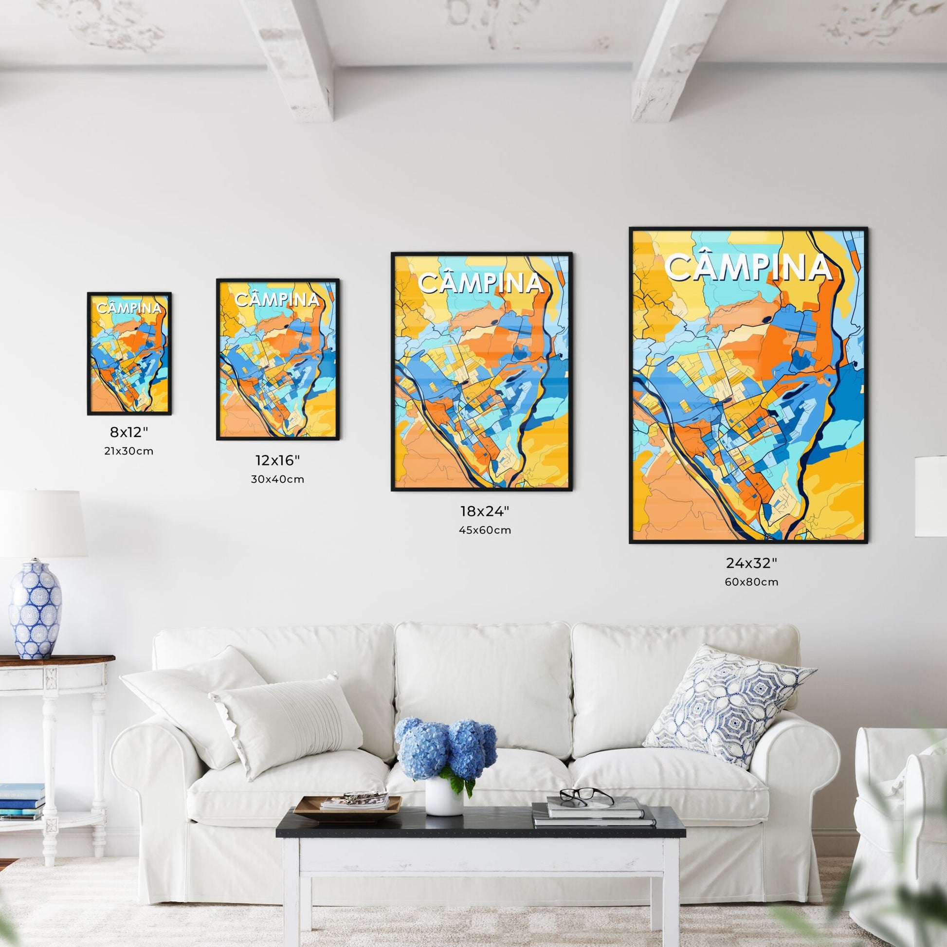 CÂMPINA ROMANIA Vibrant Colorful Art Map Poster Blue Orange