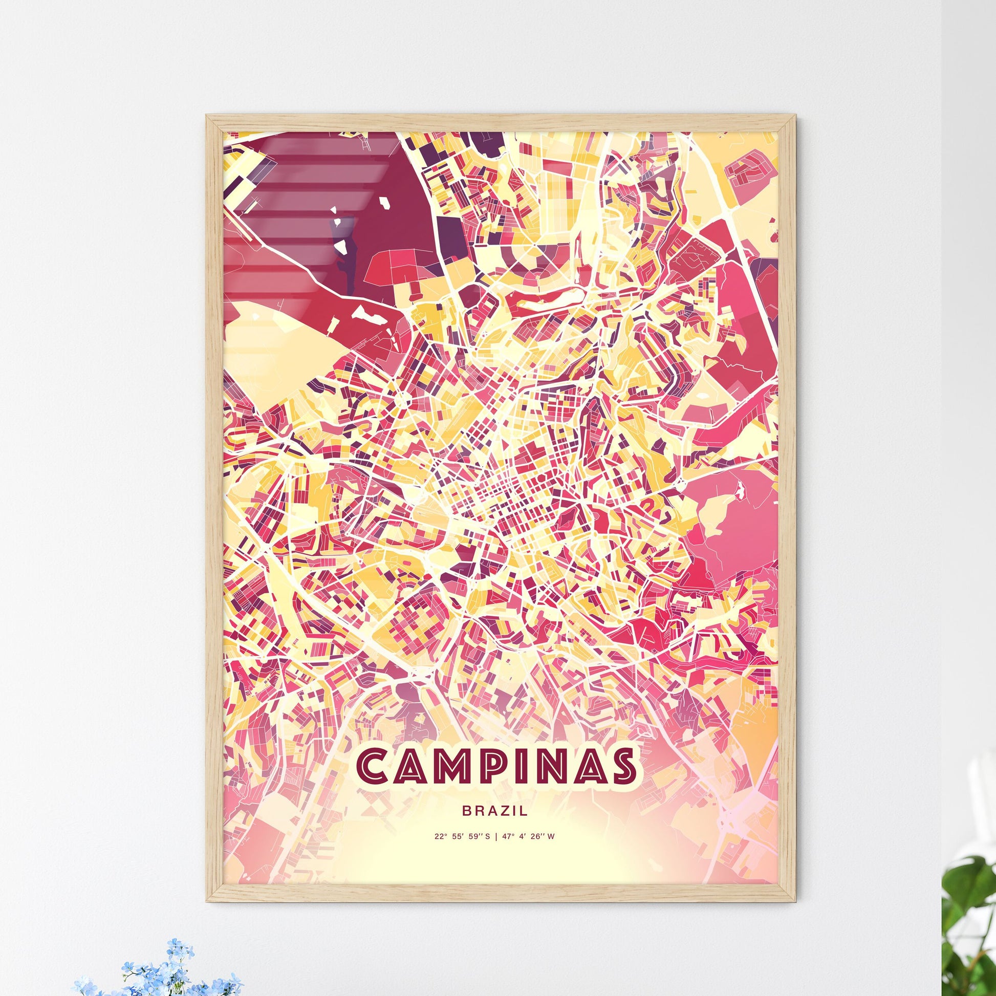 Colorful Campinas Brazil Fine Art Map Hot Red