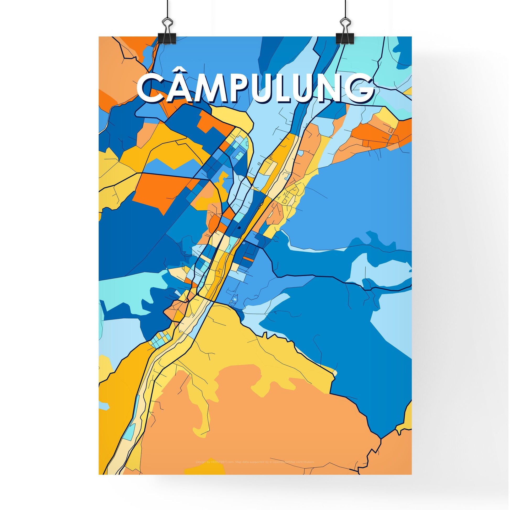 CÂMPULUNG ROMANIA Vibrant Colorful Art Map Poster Blue Orange